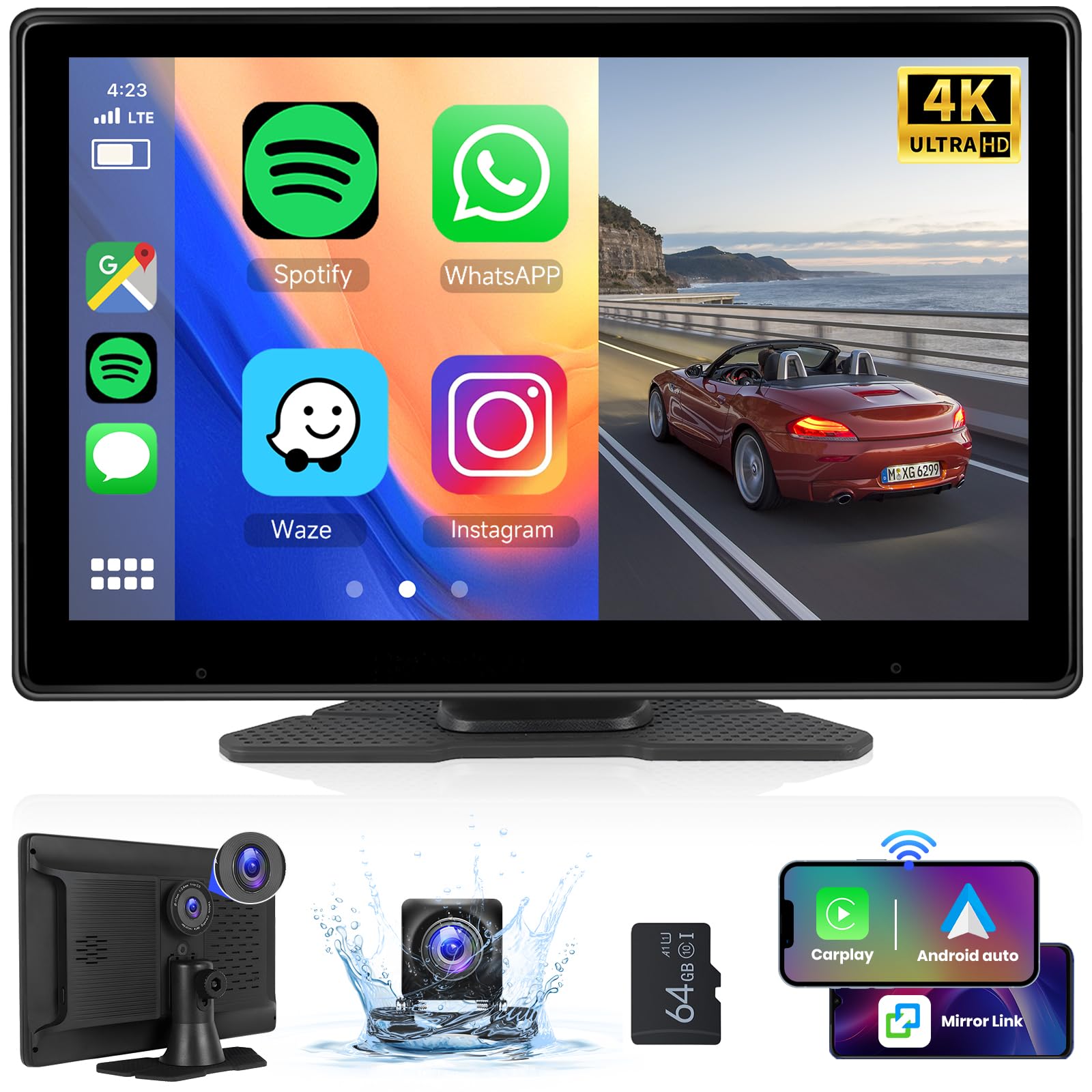 portatile car radio dash cam 4k bluetooth fronte e retrocai
