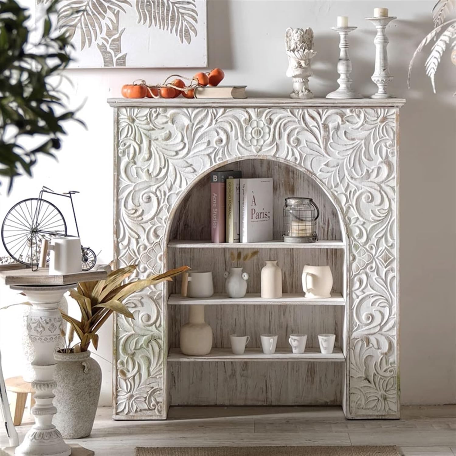 GRFIT Fireplace Mantel Surround - Rustic White Wood Cabinet with 3 Shelves - Perfect for Living Room or Home Office - Floor Standing - One Size