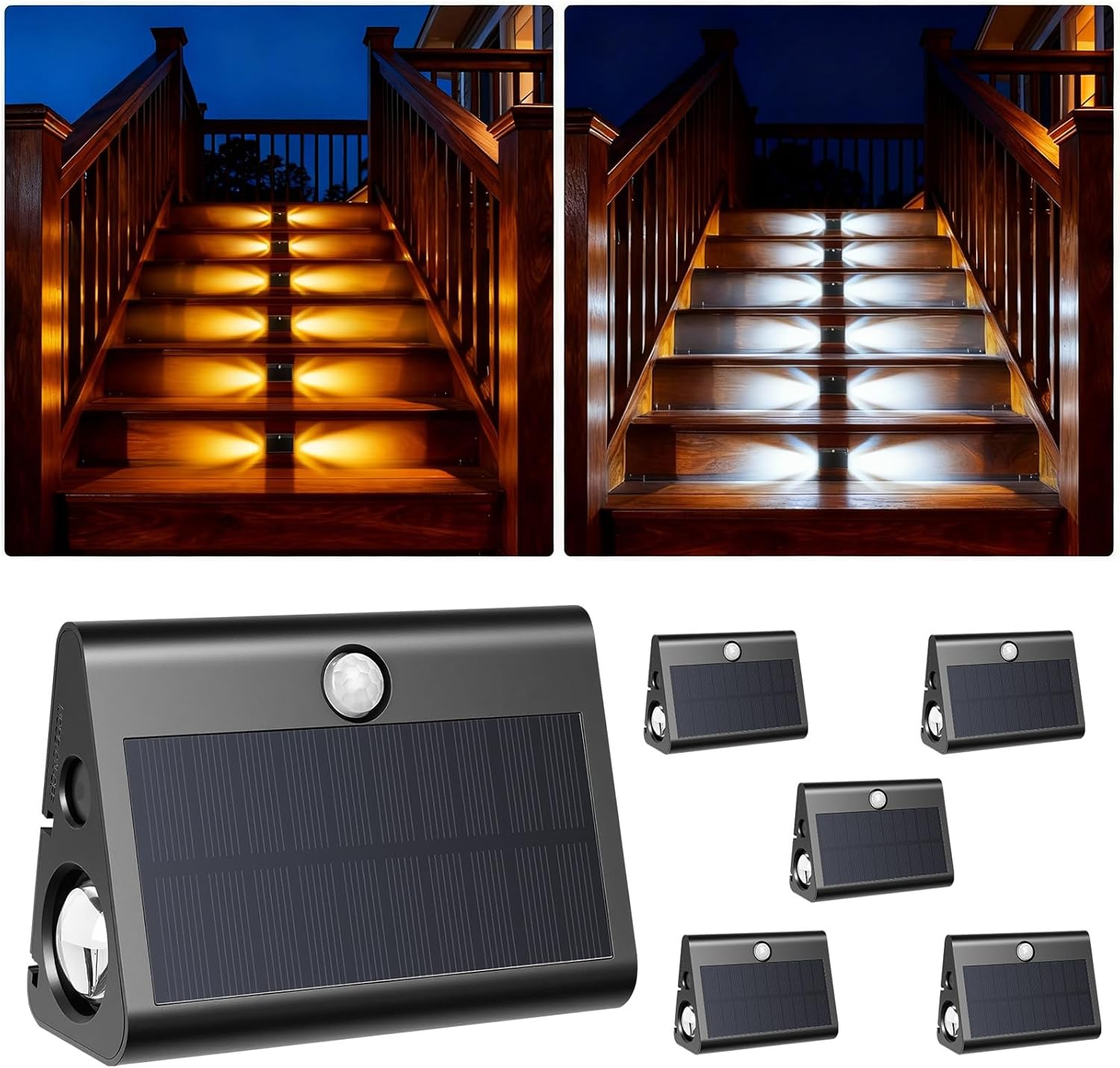 6 Pack Motion Sensor Solar Step Lights, IP67 Waterproof Outdoor Stair Light, 3 Color Temp & Double-Sided Lighting,Outside Decor Light for Deck,Porch,Railing,Fence,Walkway, Yard,Wall,Patio