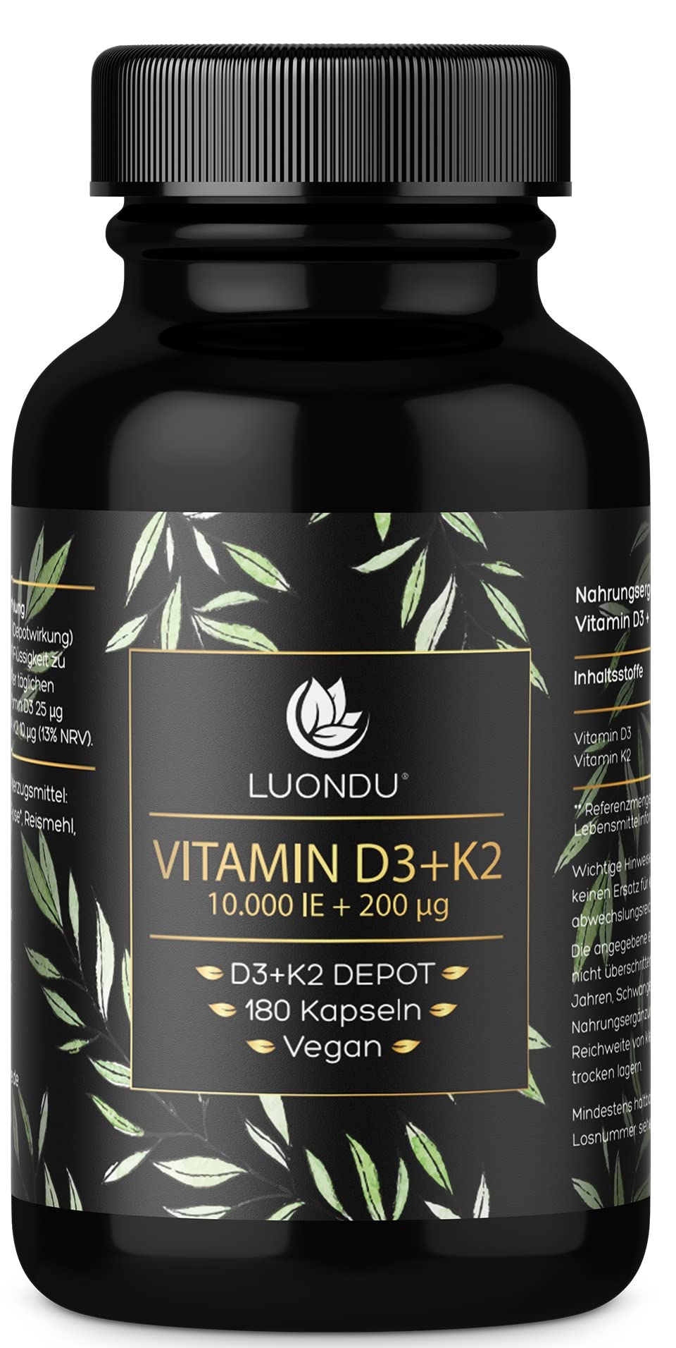 Luondu Vitamin D3 10.000 I.E + Vitamin K2 MK7 200 mcg Depot (Hochdosiert & Vegan) Vitamin D3 K2 Kapseln hochdosiert (180 Kapseln) - Verpackung kann variieren