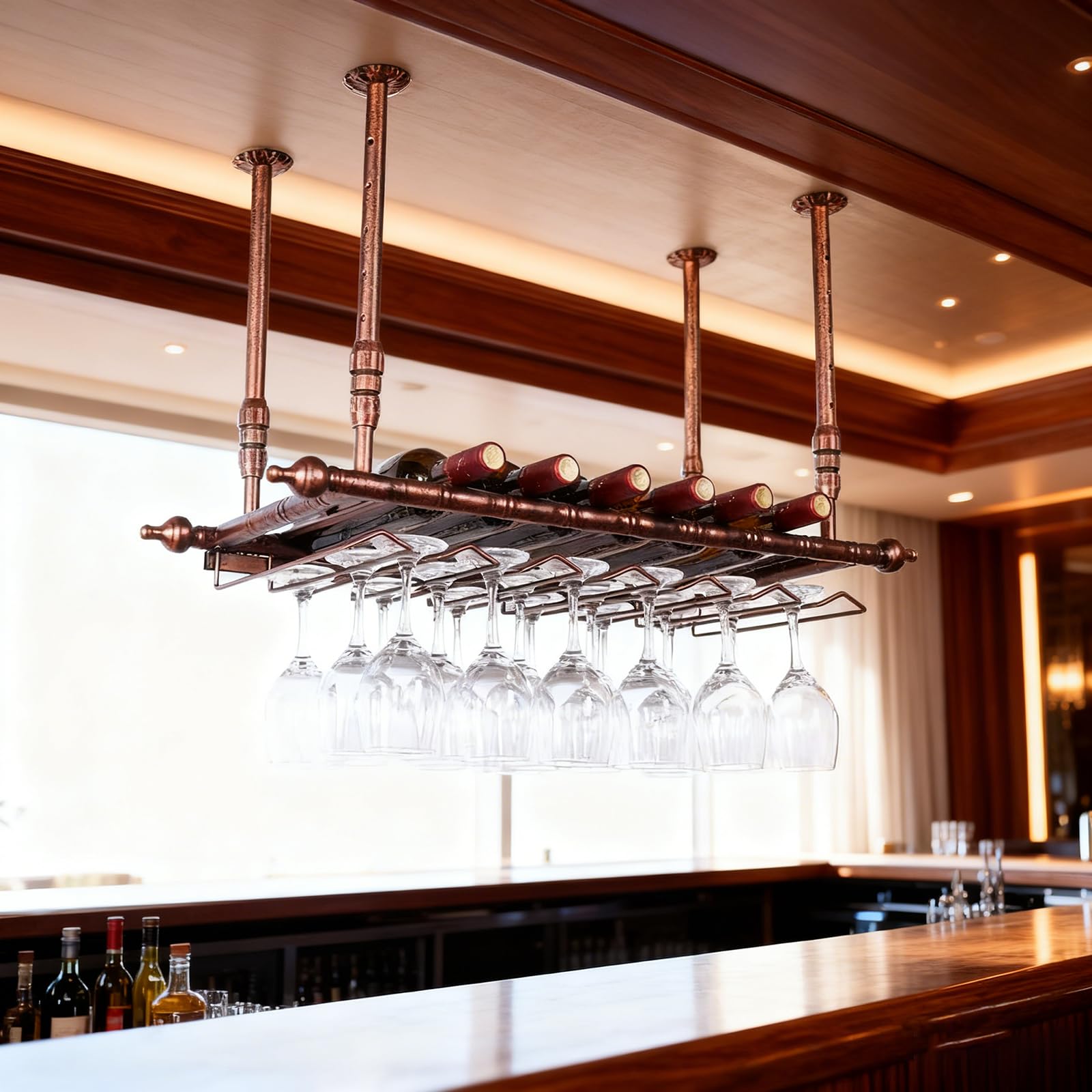 Soportes para Copas y Botelleros Colgante de Metal, Altura Ajustable Porta Bottiglie da Vino, Cuelga Copas con Invertido Tallo para Barra Bar/Club/Armarios para Vino (BR, 80x30x(30-60) cm)