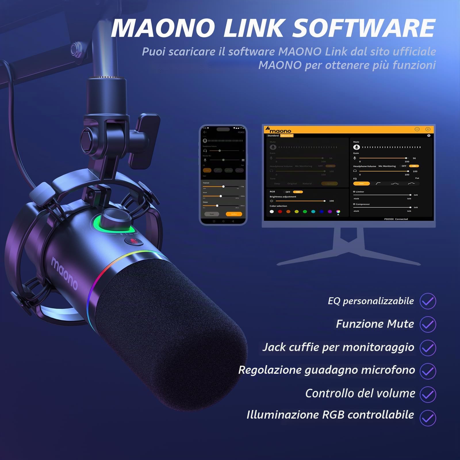 MAONO XLR/USB Microfono dinamico, microfono podcast con braccio, software, pulsante mute, controllo guadagno, per pc gaming, streaming, registrazione, PS4/5 Mac Mixer ecc. PD200XS Nero