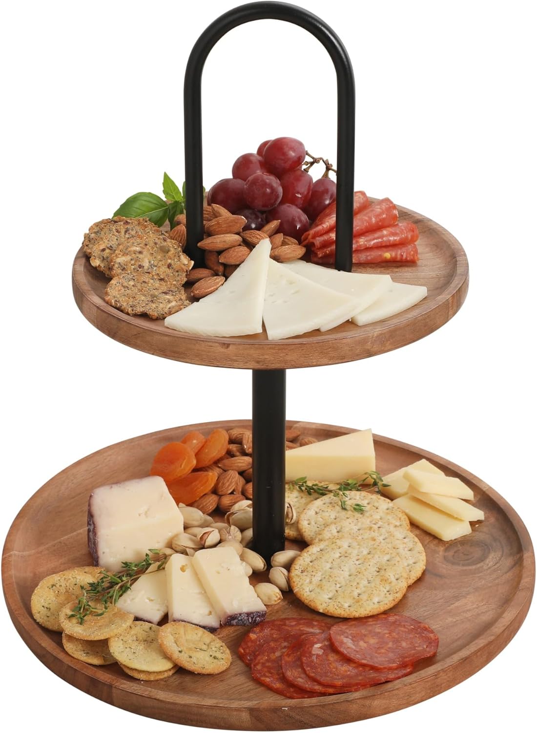 Two-tier acacia wood serving tray with metal frame, with crackers, meat, and cheese on it