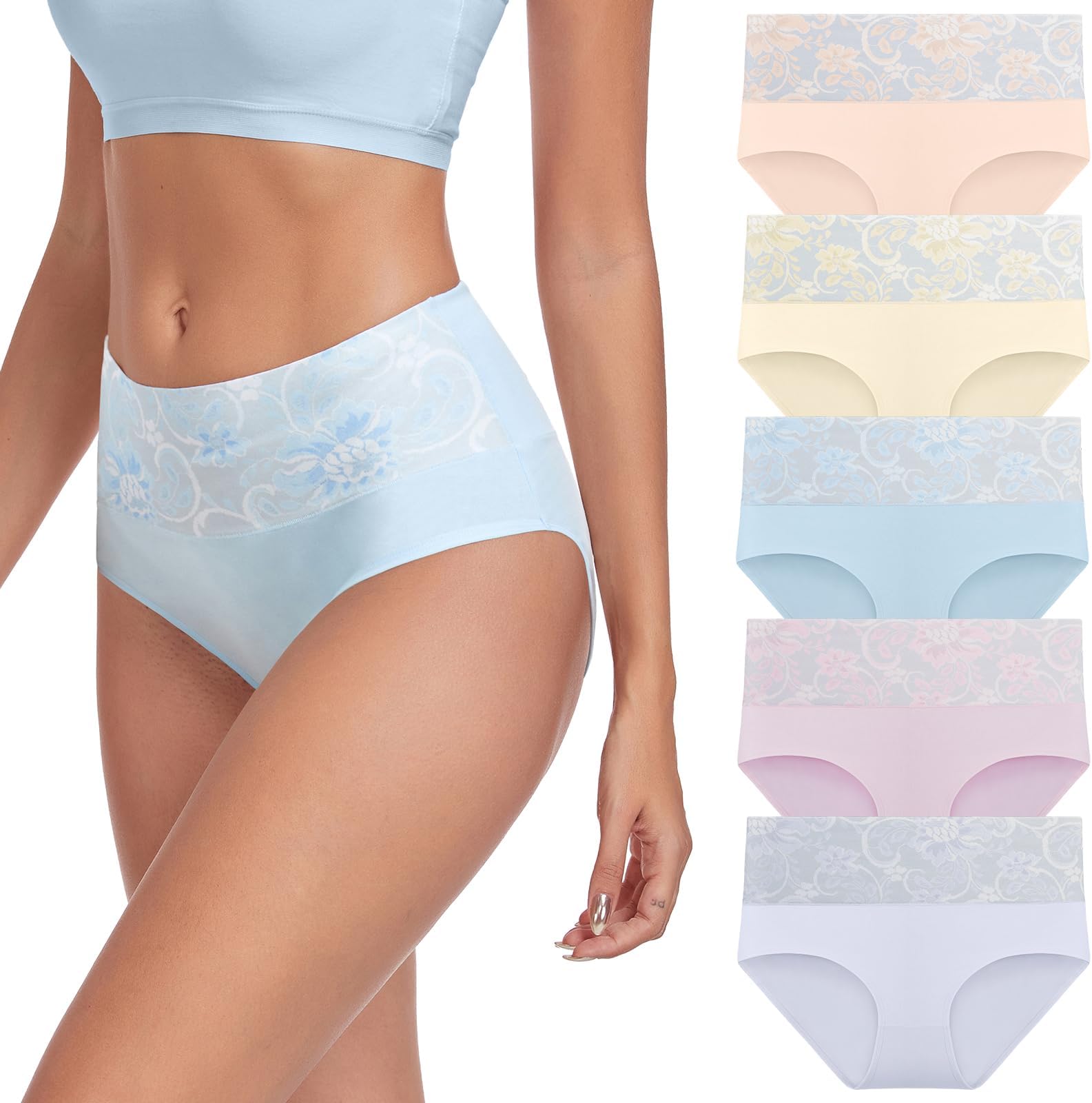 High Waist Cotton Underwear for Women Full Coverage Panties Floral Print Briefs for Ladies 5 Pack