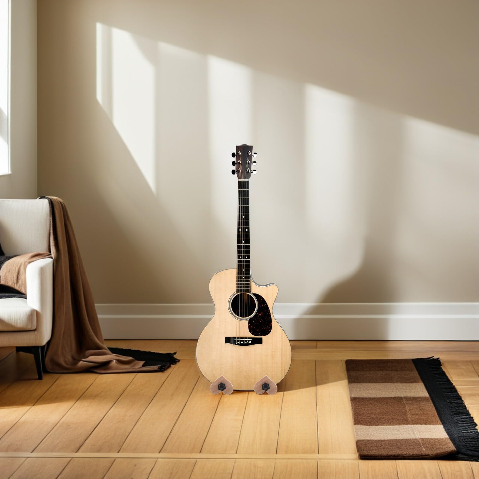 2 Stück Gitarrenständer aus Natürlichem Buchenholz Verstellbarer Bodenhalter für Akustikgitarre E-gitarre Bass und Ukulele Rutschfest Platzsparend Herzförmiges Design