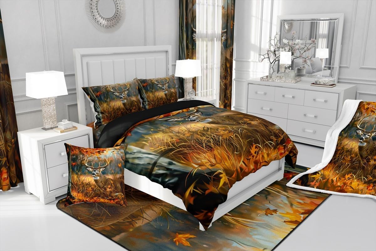 Feelyou Cute Deer Bedding Set Deer Hunting Duvet Cover King Size Bedroom Antlers Western Farmhouse Wild Animal Rustic Fall Comforter Cover Set Orange Bedspread Cover with 2 Pillow Case,No Comforter