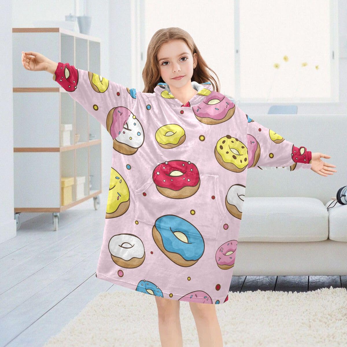 Kolorowe pączki dziecięcy koc do noszenia bluza z kapturem oversize bluza koc sweter różowy dla chłopców i dziewcząt w wieku 3-14 lat