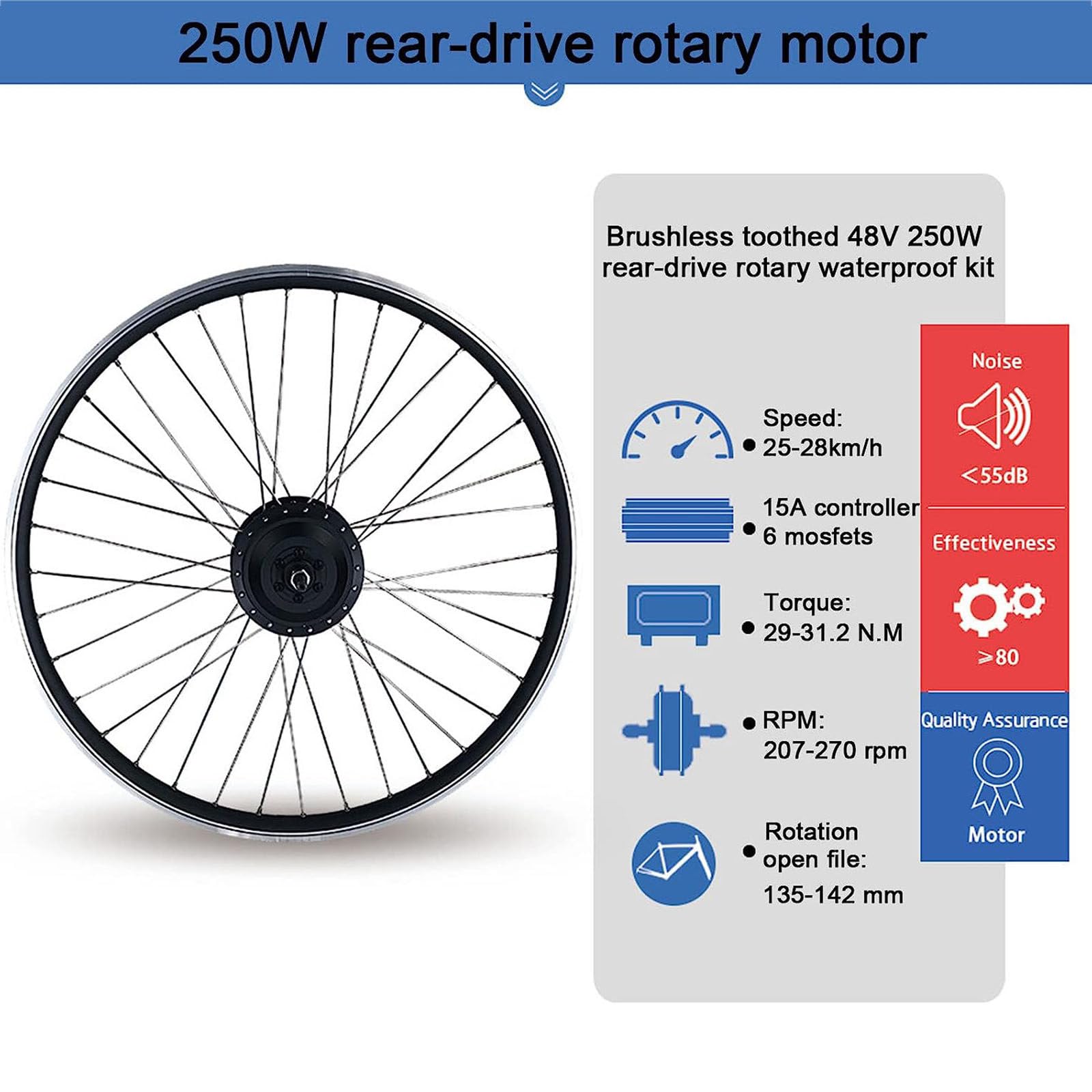 Zestaw do konwersji rowerów elektrycznych, zestaw do konwersji roweru elektrycznego, 250 W, 500 W, z napędem bezpośrednim na tylne koło, do akumulatora 36 V/48 V, zestaw do konwersji silnika