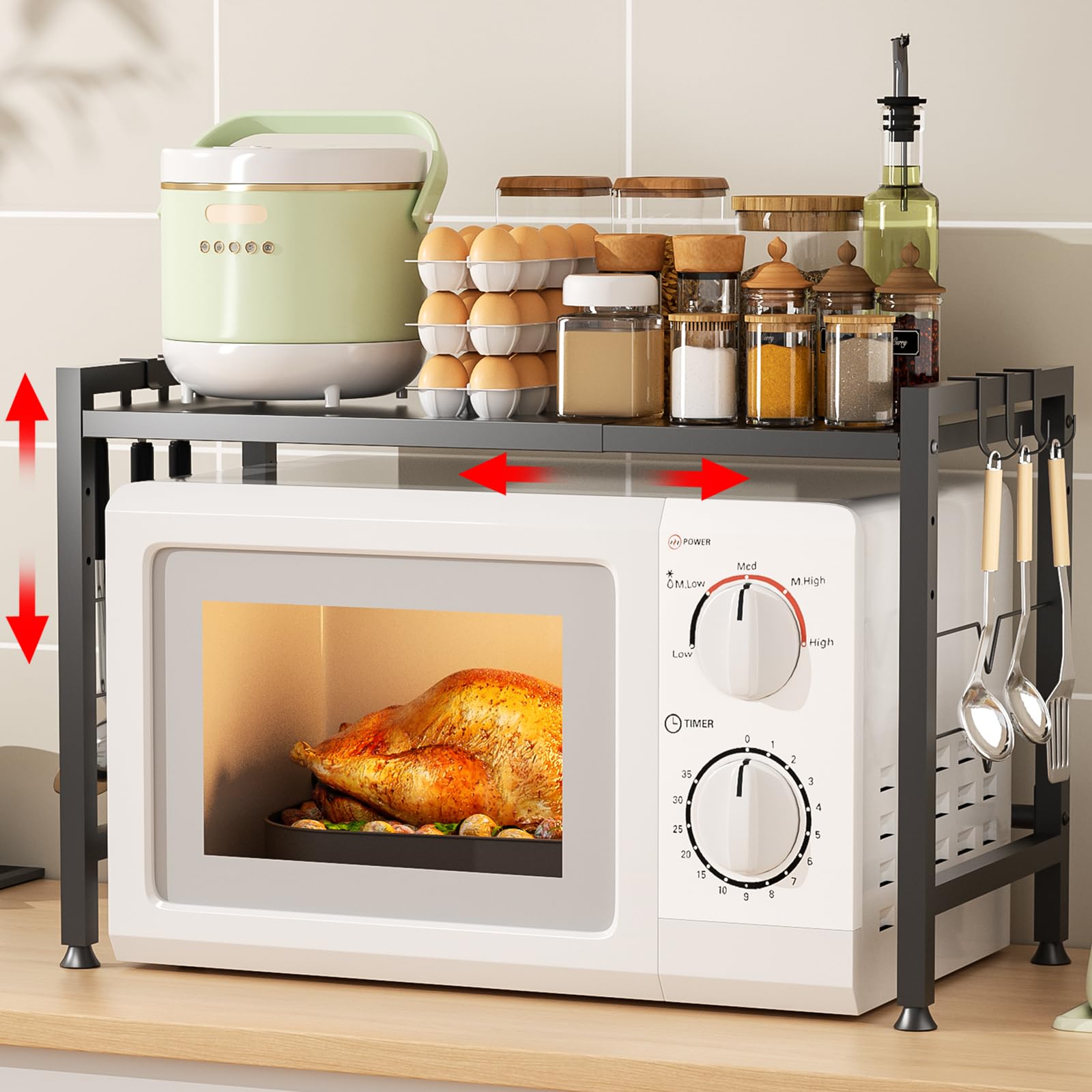 Microwave Stand Countertop, Extendable (15.7”-25.5") Microwave Oven Rack Shelf 2-Tier with 6 Hooks, Adjustable Kitchen Counter Shelf, Max 110lbs Weight Capacity, Black