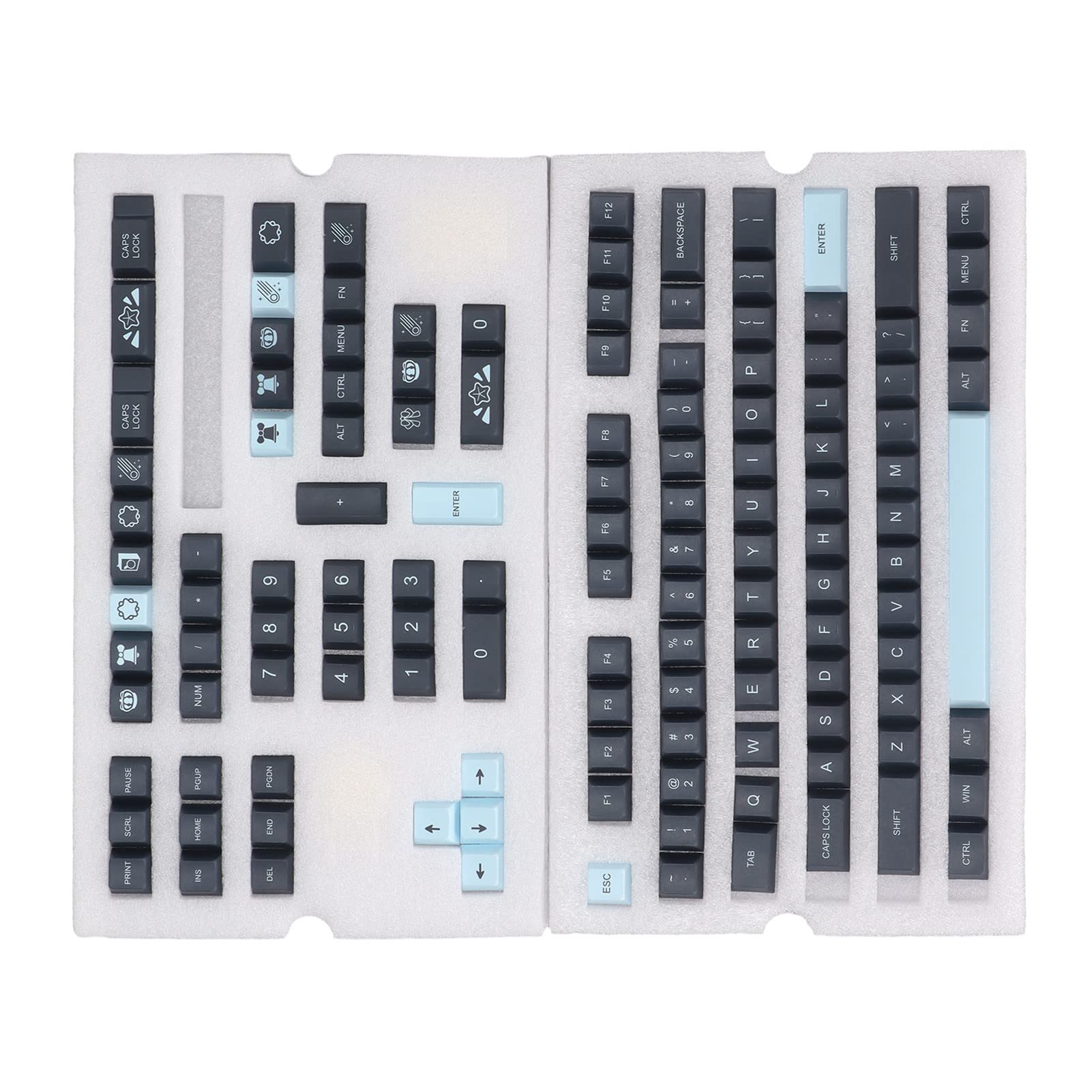 Set di 128 tasti per tastiera meccanica PBT, colori a contrasto, copritasti inglesi per giochi fai da te, design ergonomico con profilo ciliegia con tintura, leggende sublimate (Comets)