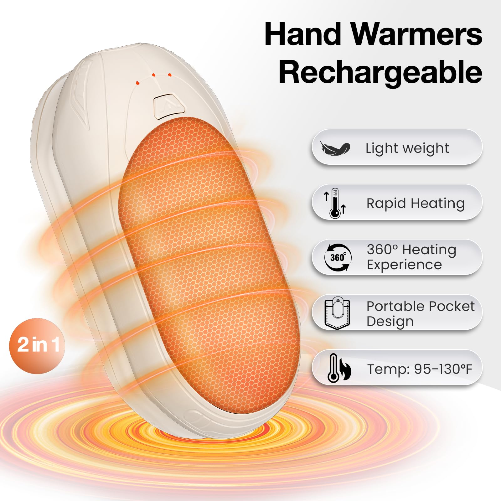AI Lot de 2 chauffe-mains rechargeables avec puces intelligentes AI 6000 mAh, chaleur sûre de 20 heures, chauffe-mains portables, cadeaux pour Noël, l'extérieur, le golf, la chasse, le camping
