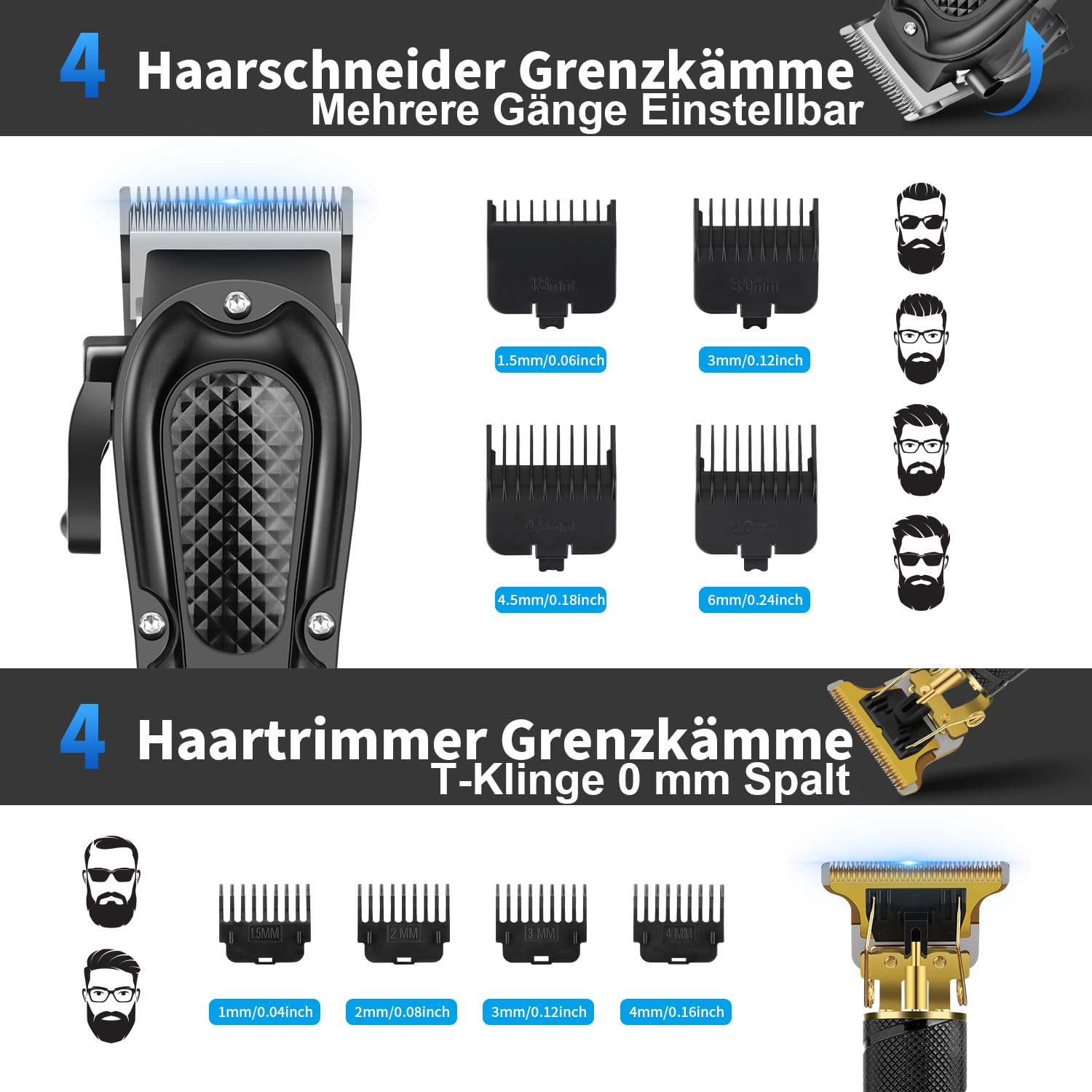 HIENA PRO Profi Haarschneidemaschine Set für Männer, Schnurloses Haarschneider, Barttrimmer, Folienrasierer Set, USB Wiederaufladbares Komplettes Elektrischer Haarschneide-Kit mit 8 Führungskamm