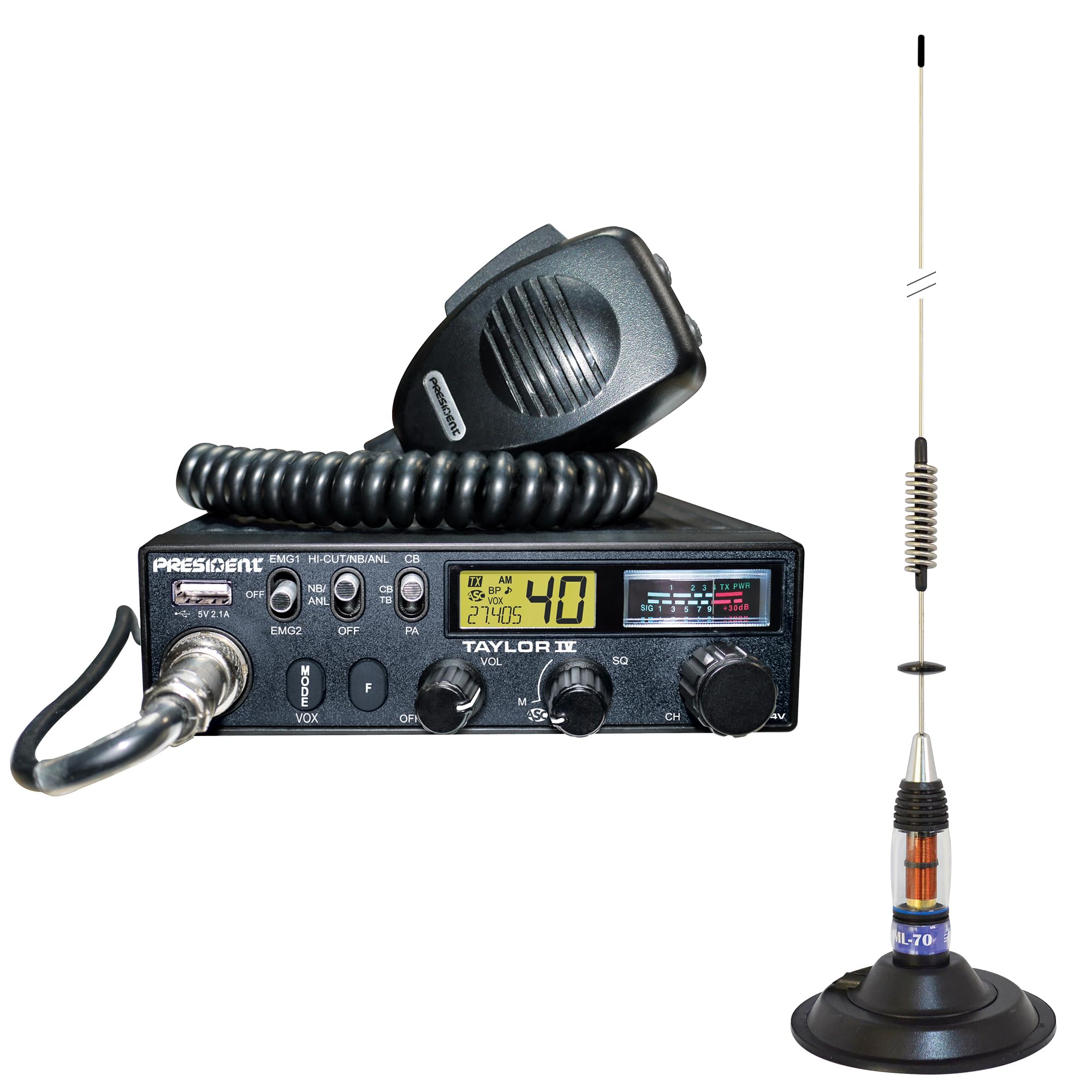 CB Station de Radio President Taylor IV ASC + antenne CB PNI ML70 Kit, 70 cm, 26-30 MHz, 200 W