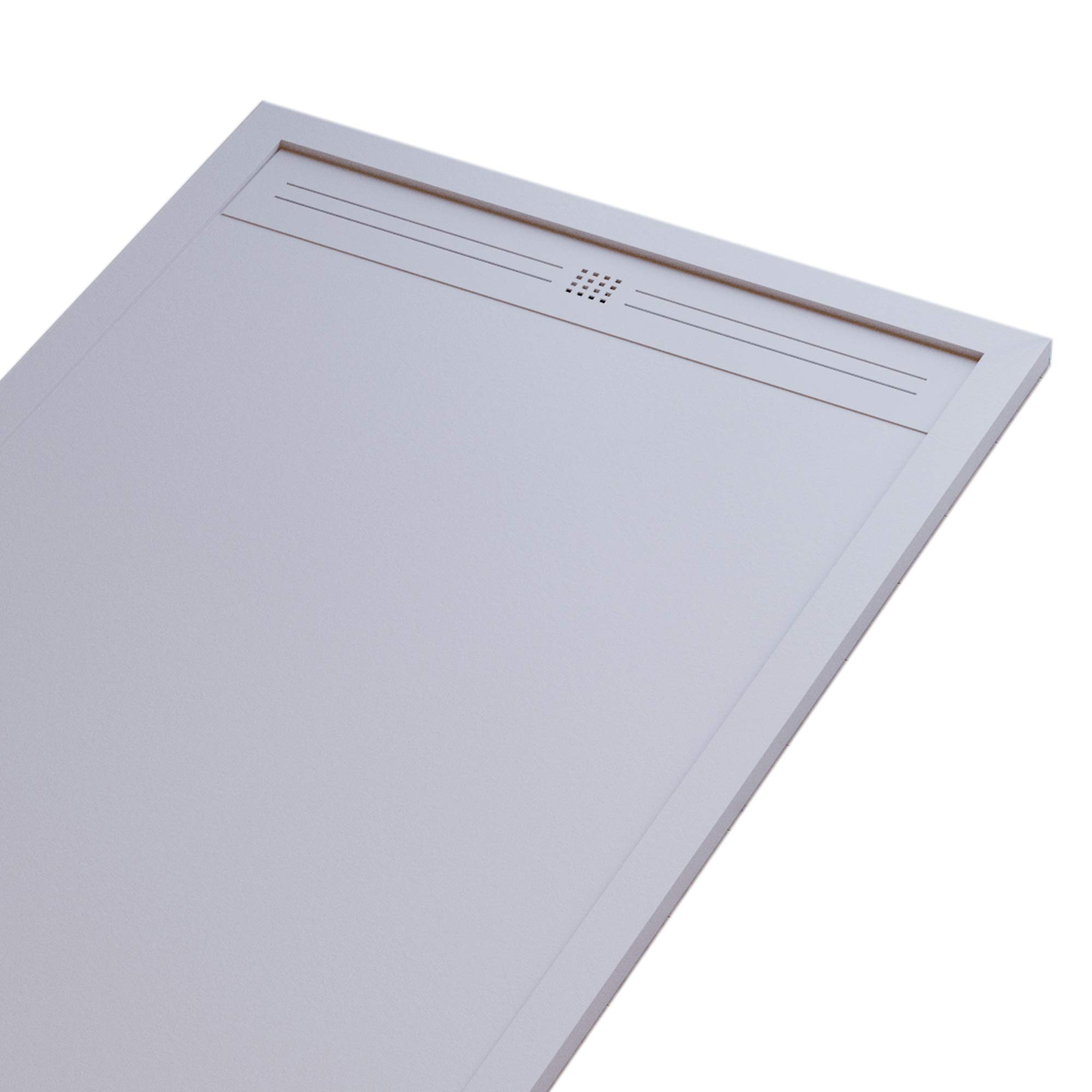 Piatto Doccia Mineralmarmo Effetto Pietra Ardesia - Modello Sun - Marmo Resina con Gelcoat - Griglia Laterale Acciaio Inox in Tinta - Colore Grigio Chiaro - 70x140