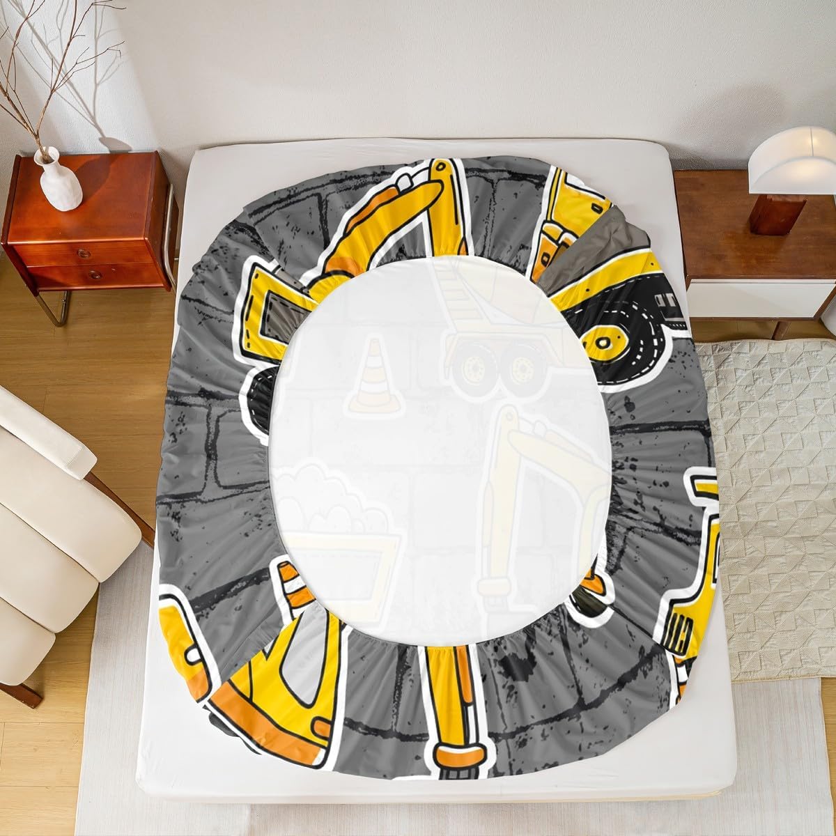 Erosebridal Boys Excavator Bedding Set Twin Size, Tractor Truck Fitted Sheet for Kids Child Girls Teens Bedroom, Construction Vehicle Crane Bed Set Blender Gray Wall Cartoon Bed Cover, Grey Yellow