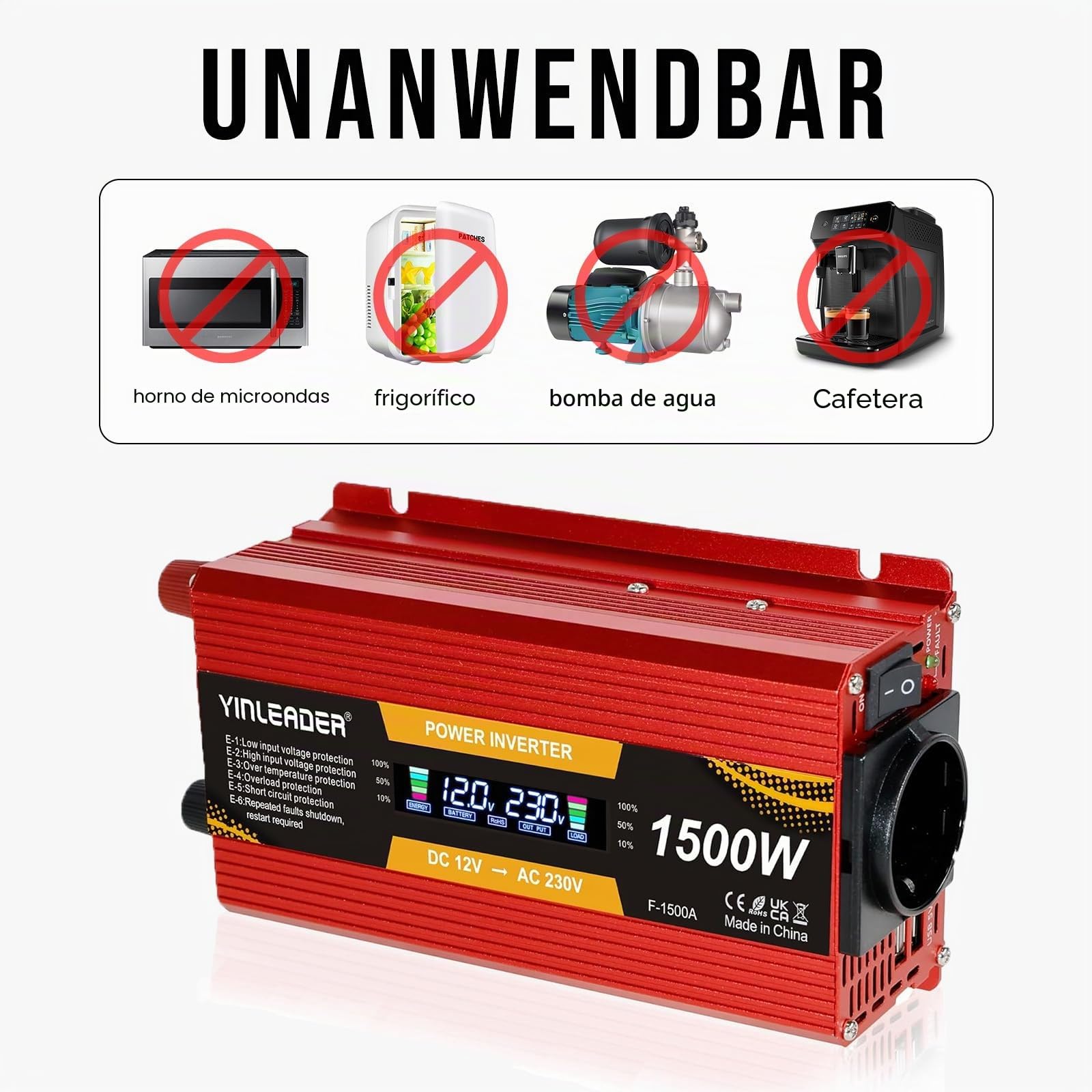 Convertidor de Voltaje 750 W/1500 W 12 V a 220 V/230 V Con LCD y 2 USB - Transformador de Voltaje