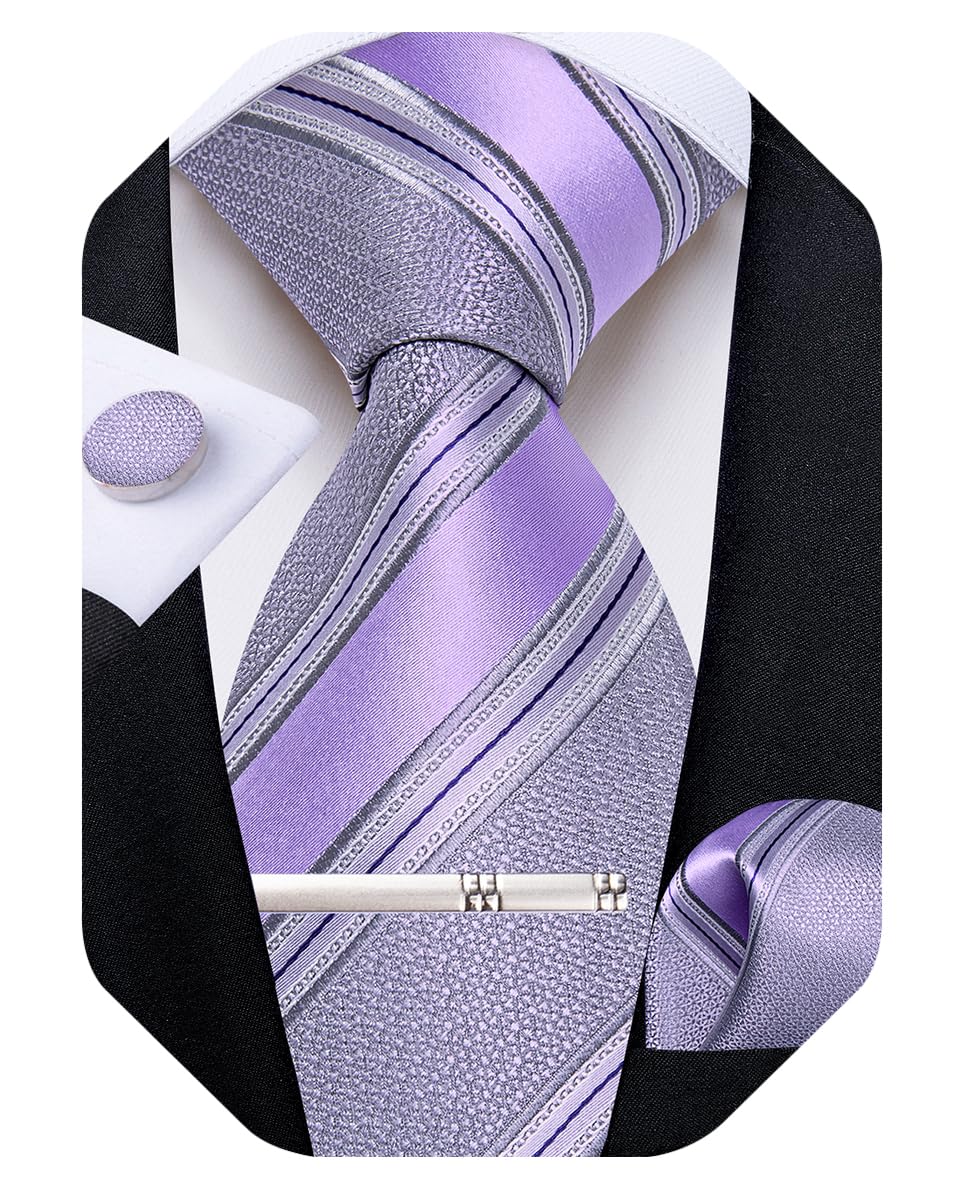 DiBanGu Mens Striped Tie Silk Woven Necktie and Pocket Square Cufflinks Tie Clip Set Wedding Business Formal Gift Tie for Men