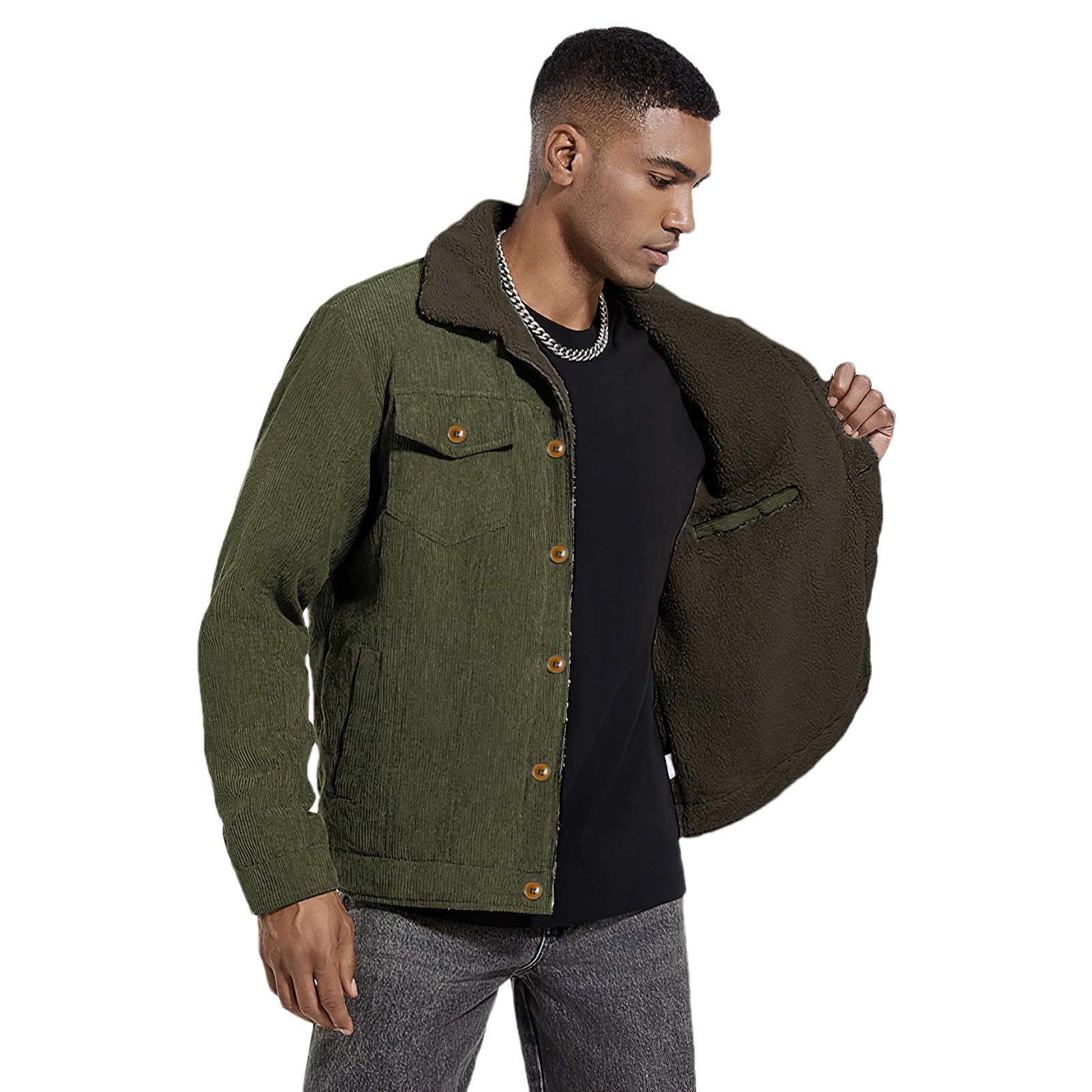ANUFER Hommes Hiver Velours Côtelé Veste Doublé Sherpa Thermique Trucker Manteau