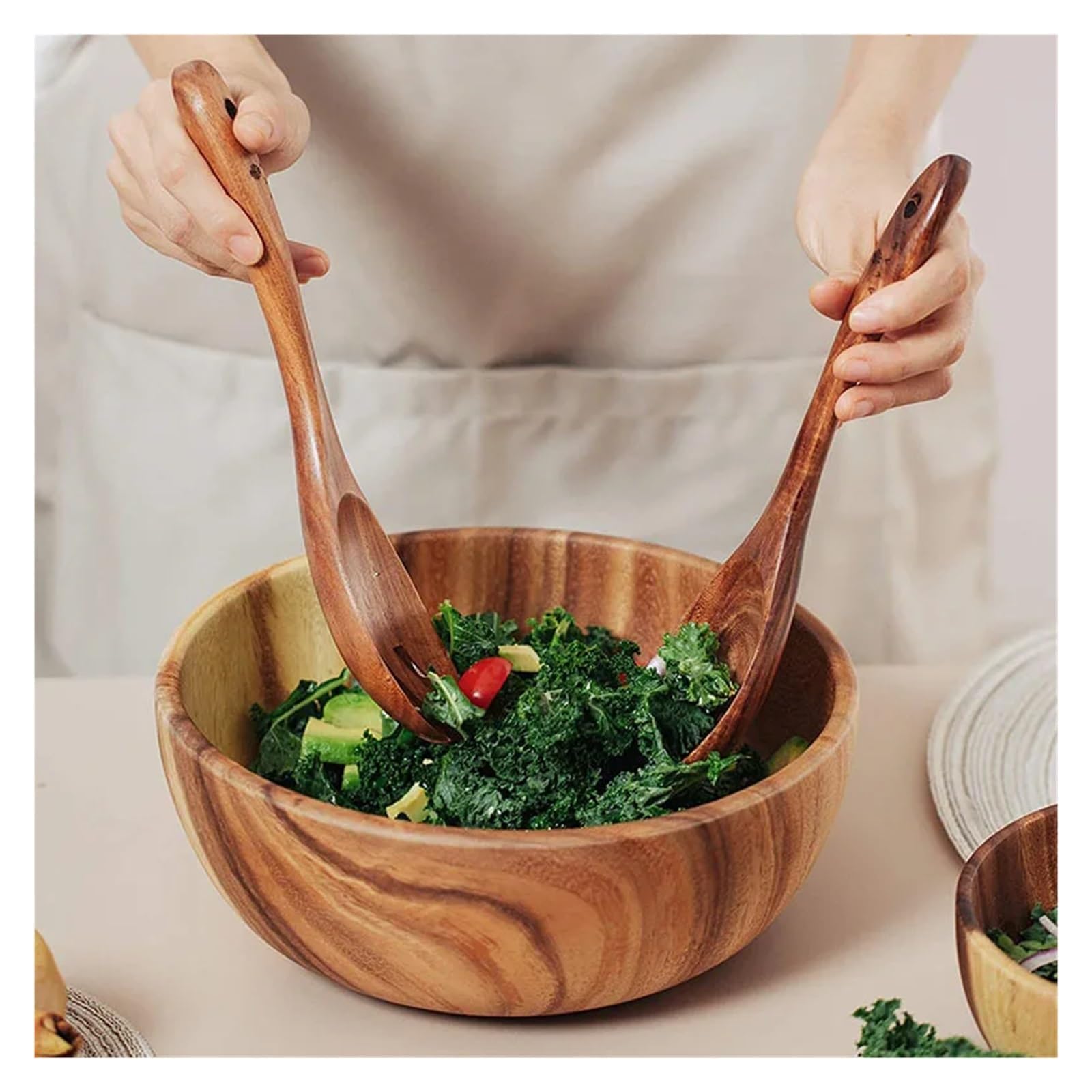 Ensaladera Cuenco de madera Vajilla Hogar y Palangana Plato frutas Ensalada Sopa entera(Bowl 22x7.5cm)