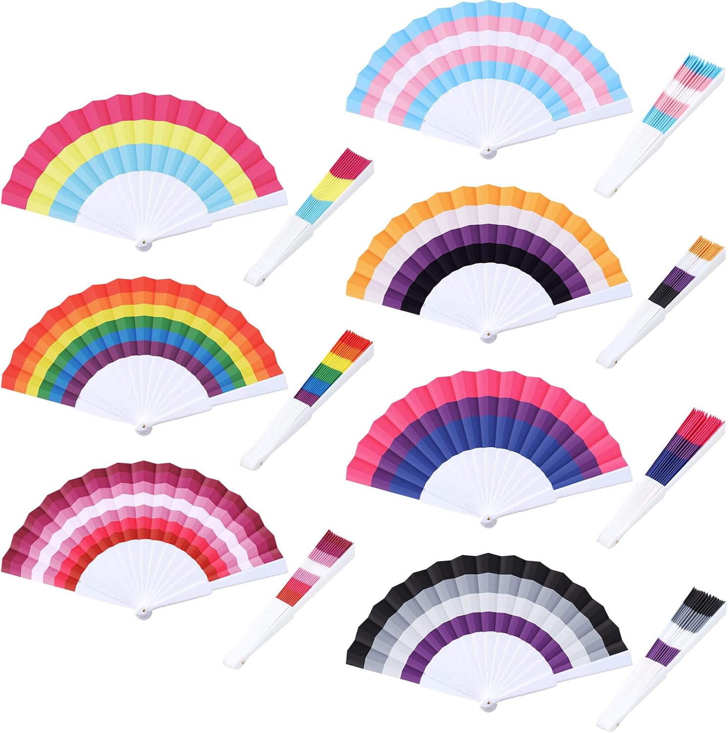 Tatuo 14 Pcs Rainbow Folding Fans LGBT Festival Rave Pride Accessories Gay Rainbow Folding Handheld Fans for Women Men Pride Party Decoration Festival Events Dance Rave Supplies, 7 Styles