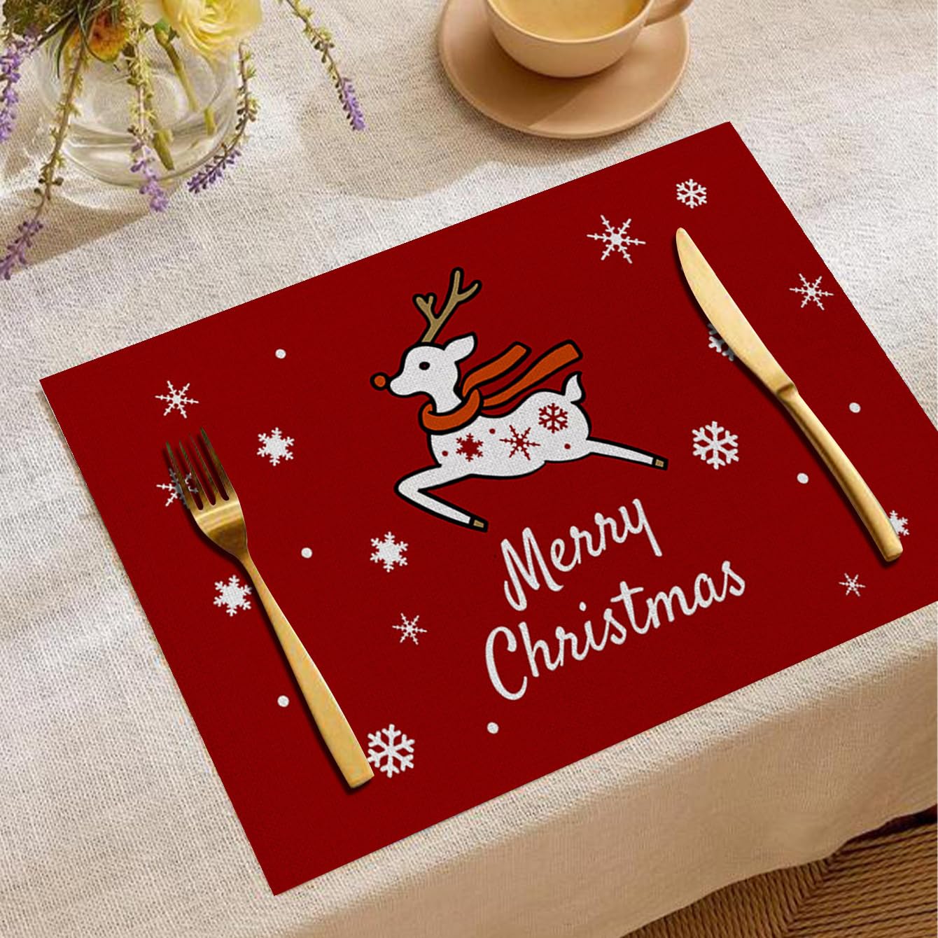 Lot de 6 sets de table carrés en lin Motif Père Noël