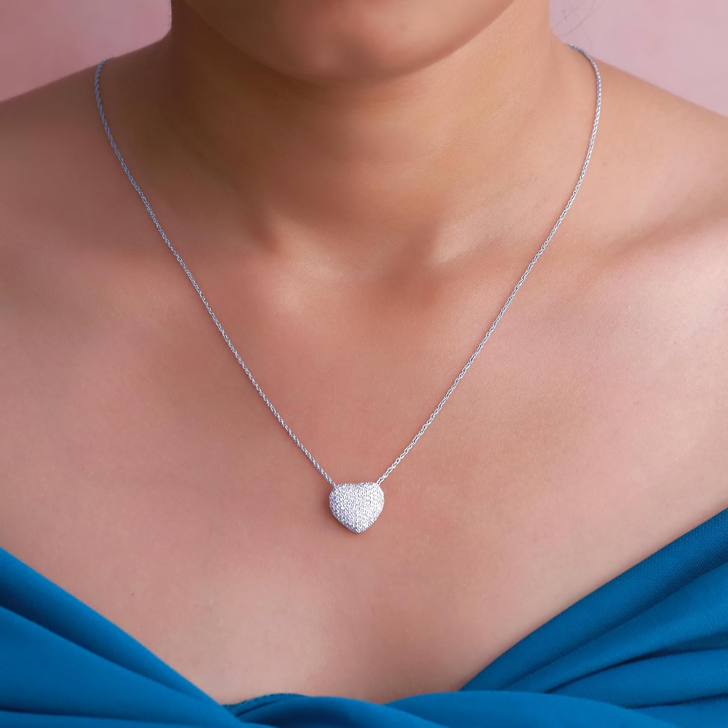 Puffed Heart Pendant Necklace For Women Round Cut Cubic Zirconia OR Lab Created Moissanite 0.50 Cttw Pave Set In 14K Gold Plated Sterling Silver Jewelry Along With 18" Rope Chain Gift For Her - Image 3