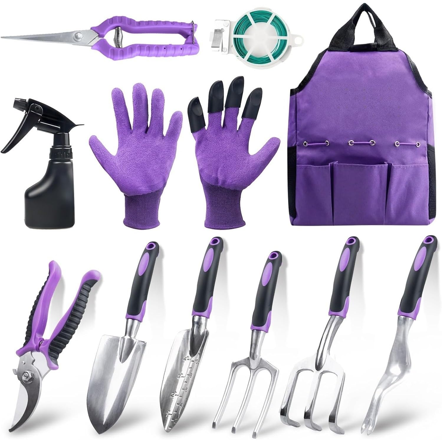 Set di attrezzi da giardinaggio da 11 pezzi, in alluminio resistente, con borsa per riporre fiori, forniture da giardinaggio antiruggine, perfetto per donne e uomini (vaso rotondo verde)