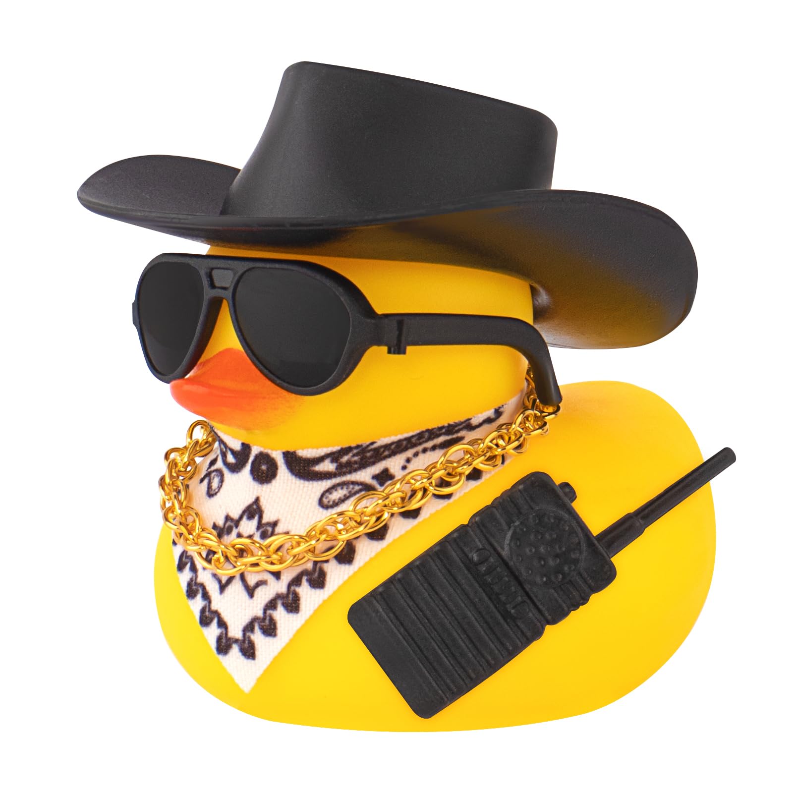 wonuu Small Rubber Duck with Mini Sunglasses Black Cowboy Hat Bandana Necklace Plastic Accessories for Car Ornament Home Decor Desk Decoration,