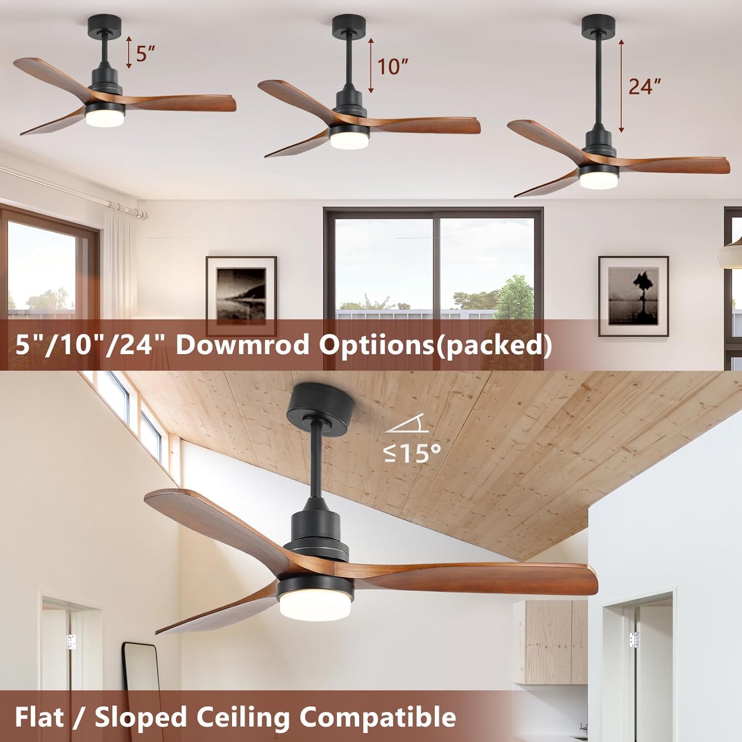 Sofucor 52'' Ceiling Fans with Lights, Low Profile Ceiling Fan with Light Remote Control, Indoor/Outdoor Ceiling Fan Light, Quiet DC Motor, Modern 3 Blade Solid Wood Fans for Bedroom Patio Farmhouse