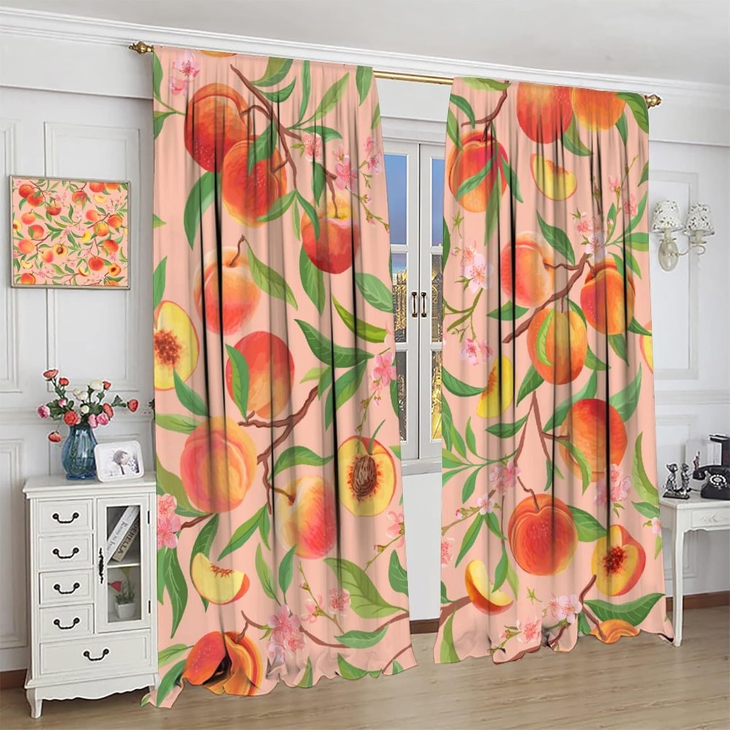 Fruit Blackout Curtains Pink Cute Peach Green Leaves Flower Retro Art Print for Girl Bedroom Kitchen Decor Rod Pocket Window Drapes 2 Panels 42x45in
