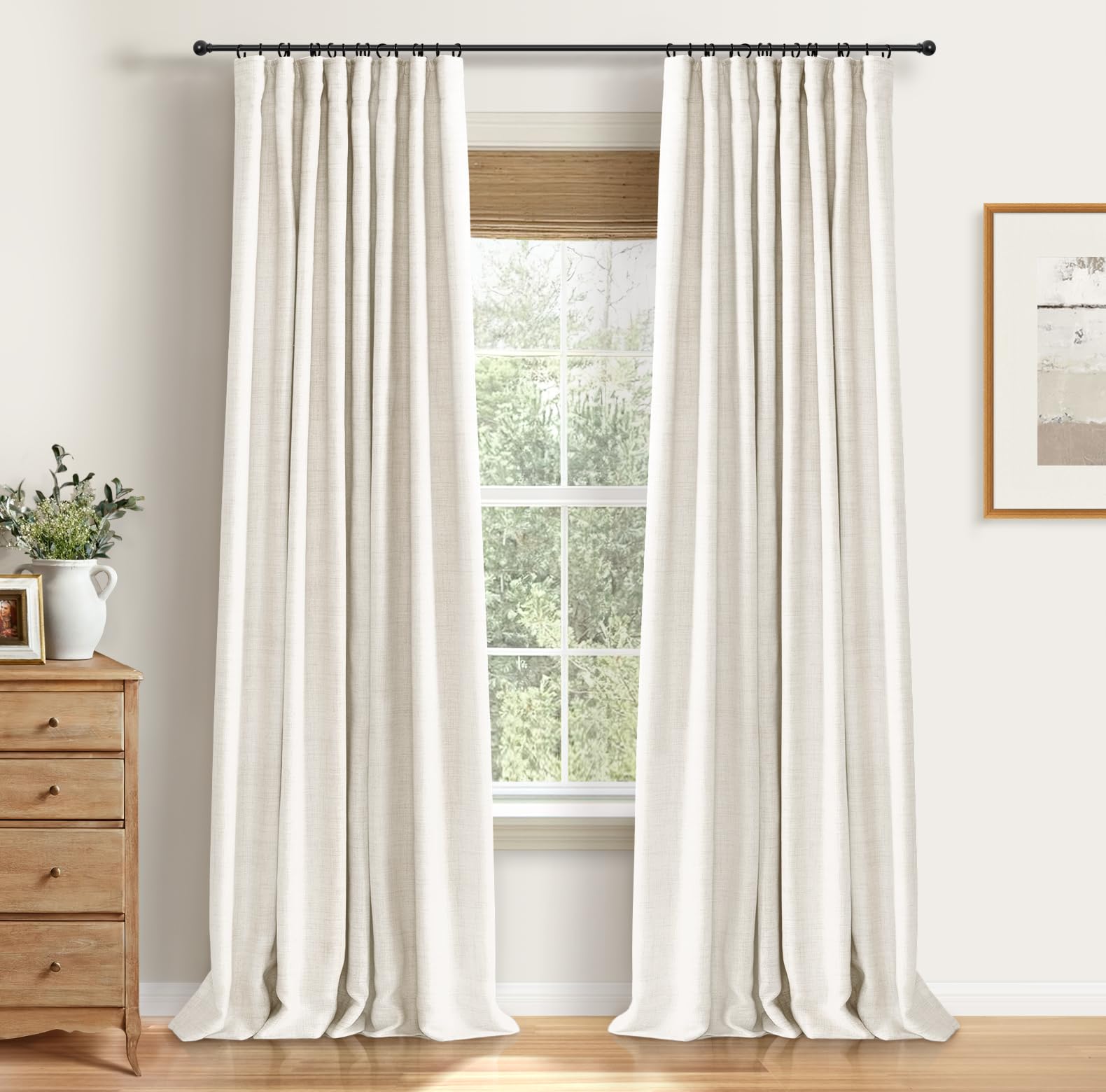 100% Blackout Shield Full Blackout Curtains for Bedroom 96 inch Length 2 Panels Set, Clip Rings/Rod Pocket Faux Linen Black Out Curtains for Living