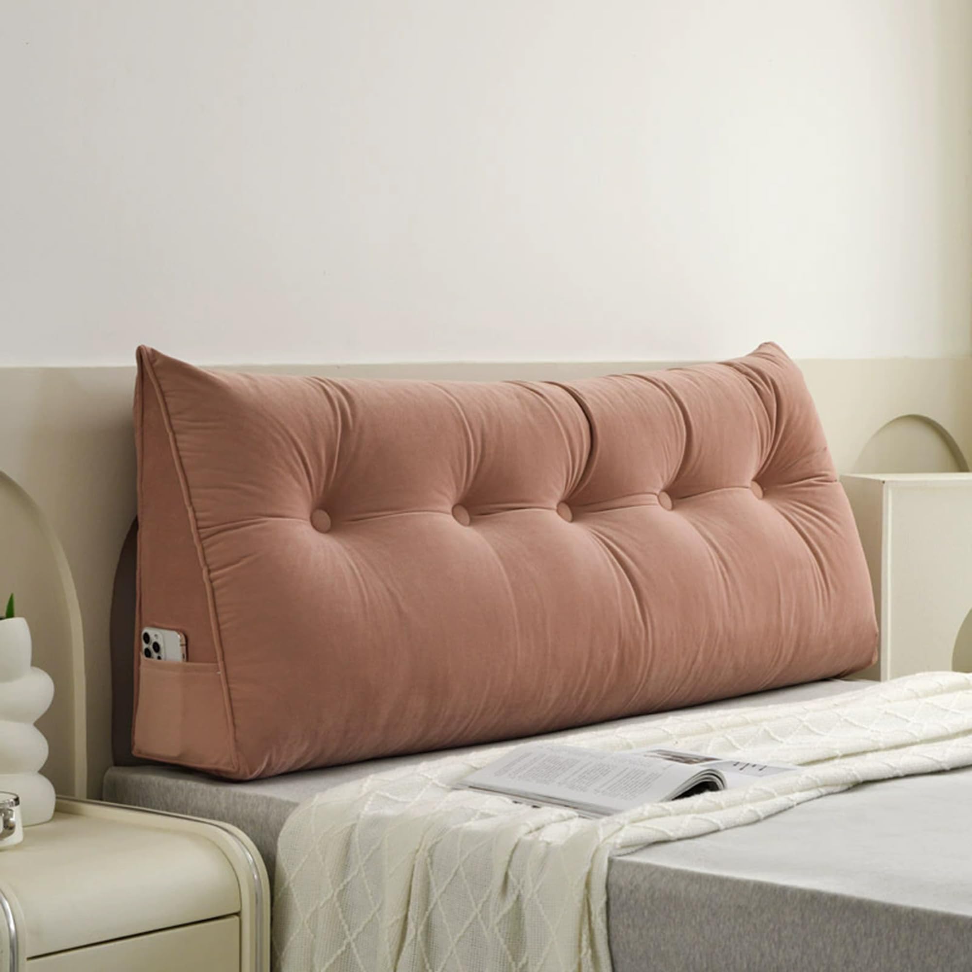 Hruile Triangular Backrest Reading Pillow, Ergonomic Lumbar Support Cushion for Backrest, Wedge Headboard Pillow, Double Single Bed Back Cushion with Removable Cover (60x50x20cm,Pink)