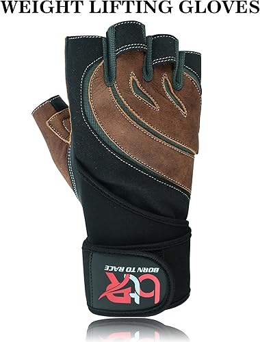 Miniatura 7 de BTR BORN TO RACE Guantes acolchados de cuero para levantamiento de pesas para hombres y mujeres, para culturismo sin dedos, soporte de muñeca larga,
