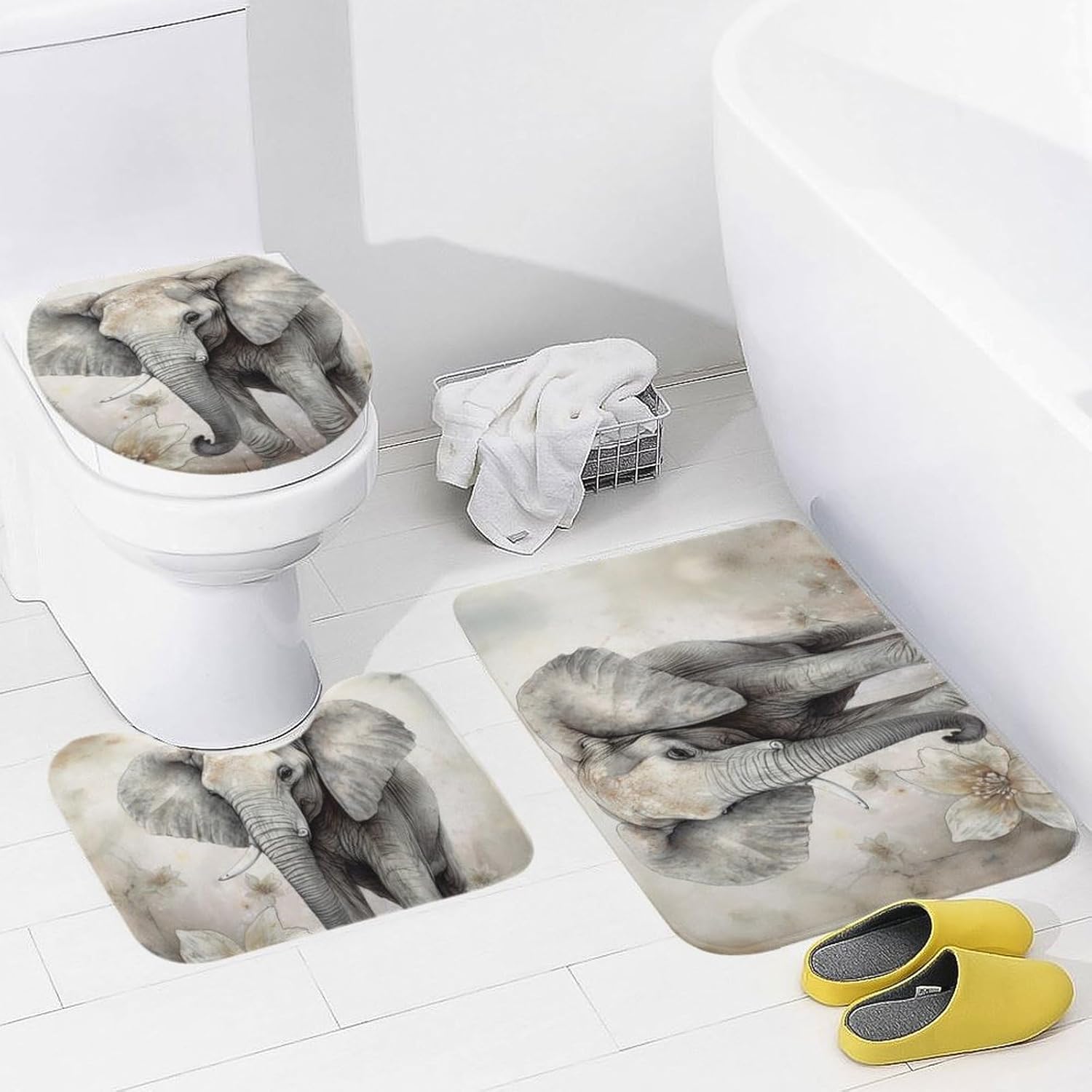 Anti-Skid Floor Mats 3 Piece Set,Animals Cute Elephant Printed Coral Fleece Bathroom Mats U-Shaped Contour Mat Toilet Seat Cover for Bathroom, Tub, Shower, Kitchen 19.7"x31.5"