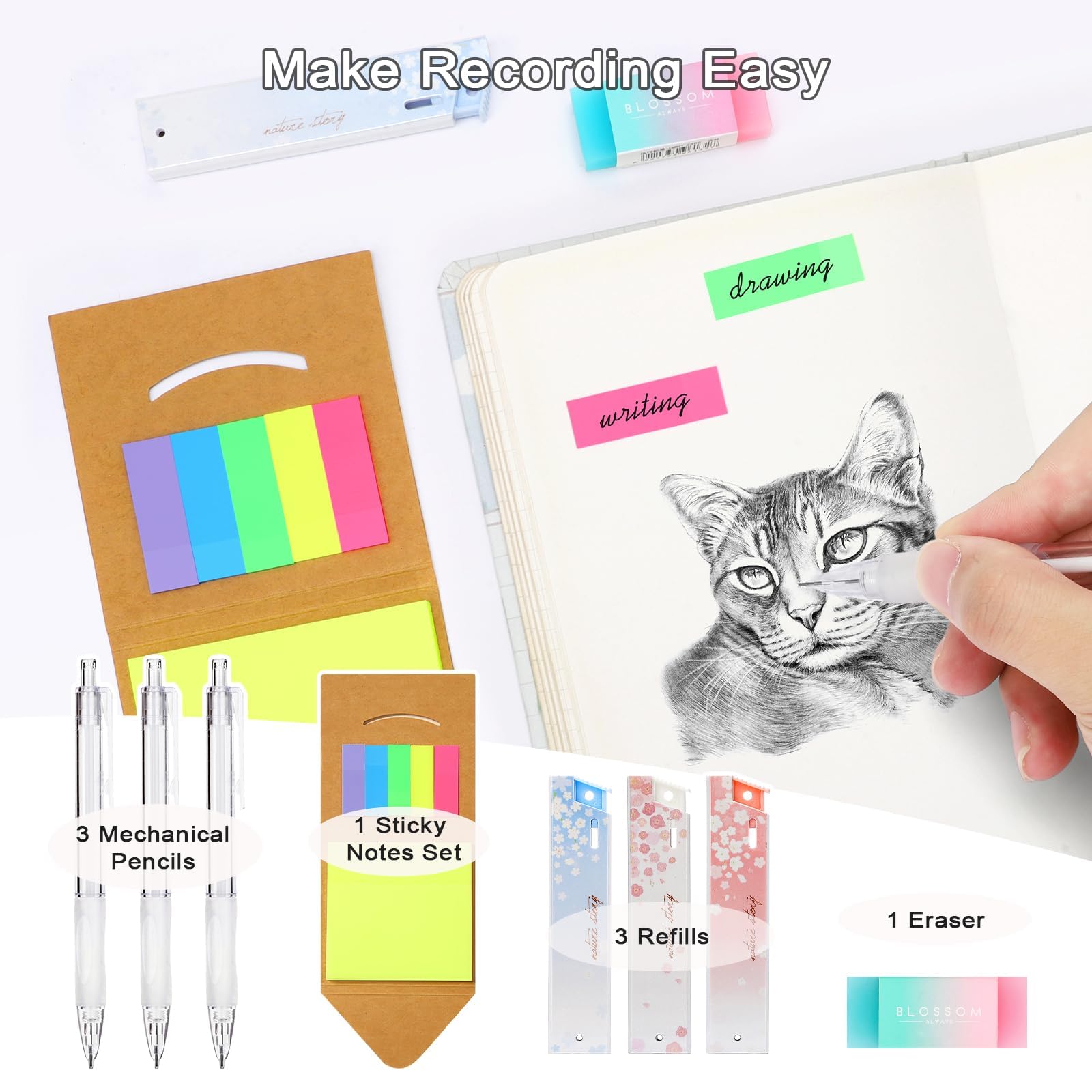 OPPZZIT Bolígrafos de Gel Borrable, Set de 63 Material Escolar Estético con 5 Bolígrafos de Gel, 12 Subrayadores Pastel, 6 Portaminas, 1 Estuche Azul, Papelería Bonita & Regalos Cumpleaños