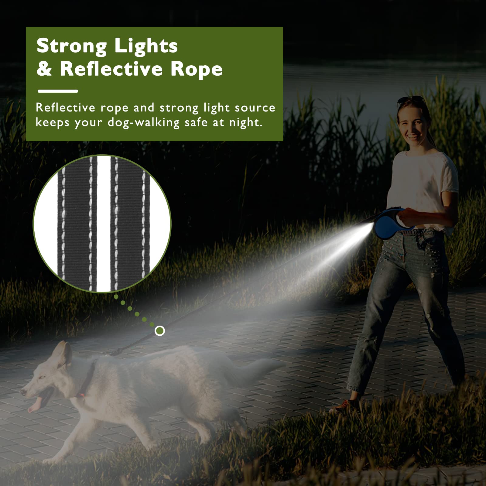 Laisse rétractable durable de 4,8 m pour chiens ou chats de taille moyenne avec lampe de poche LED et port de charge amélioré, pour promener jusqu'à 30 kg, bleu