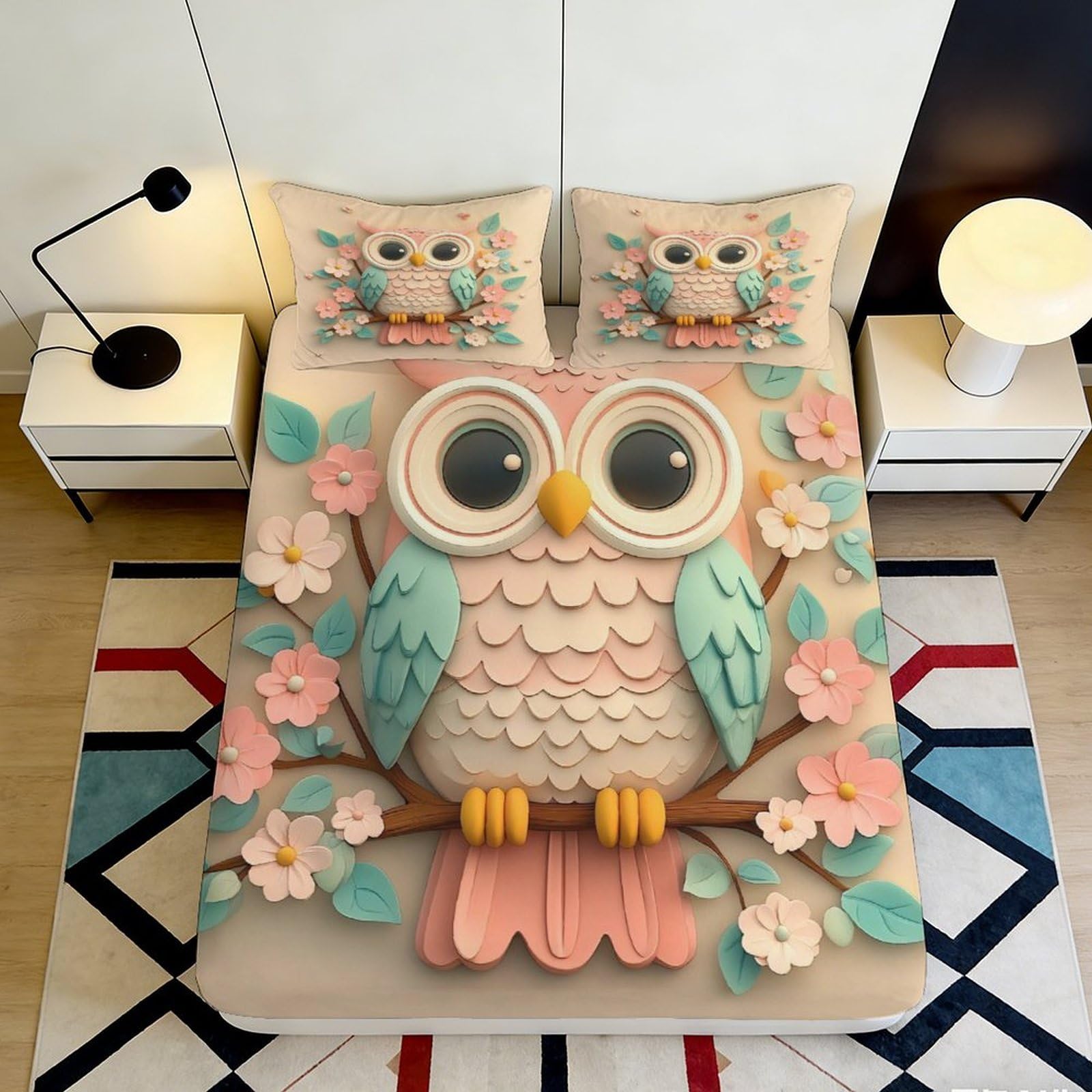 3D Printed Cartoon Owl Fitted Sheet Microfiber Soft Breathable Floral Branch Mattress Cover for Bedroom Decor 90x200x25cm