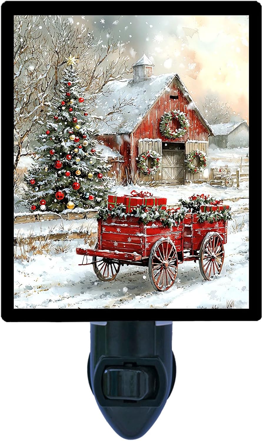 Holiday Barn Night Light – Country Christmas Design, Fully Enclosed, Rotating Plug, Glass Front, 4 Watt Bulb