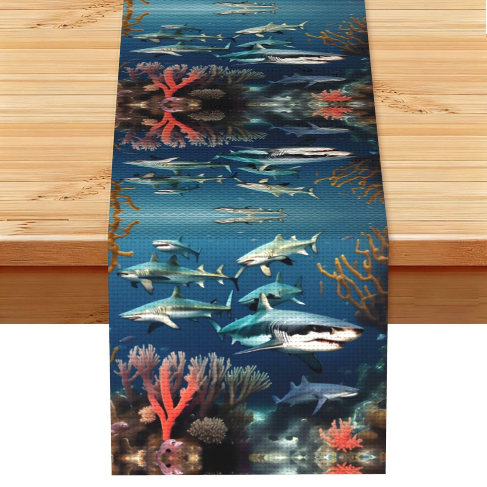 Sharks under the sea Linen Look Table Runner 13x72-Wrinkle Resistant Farmhouse Style for Dining Table Decor