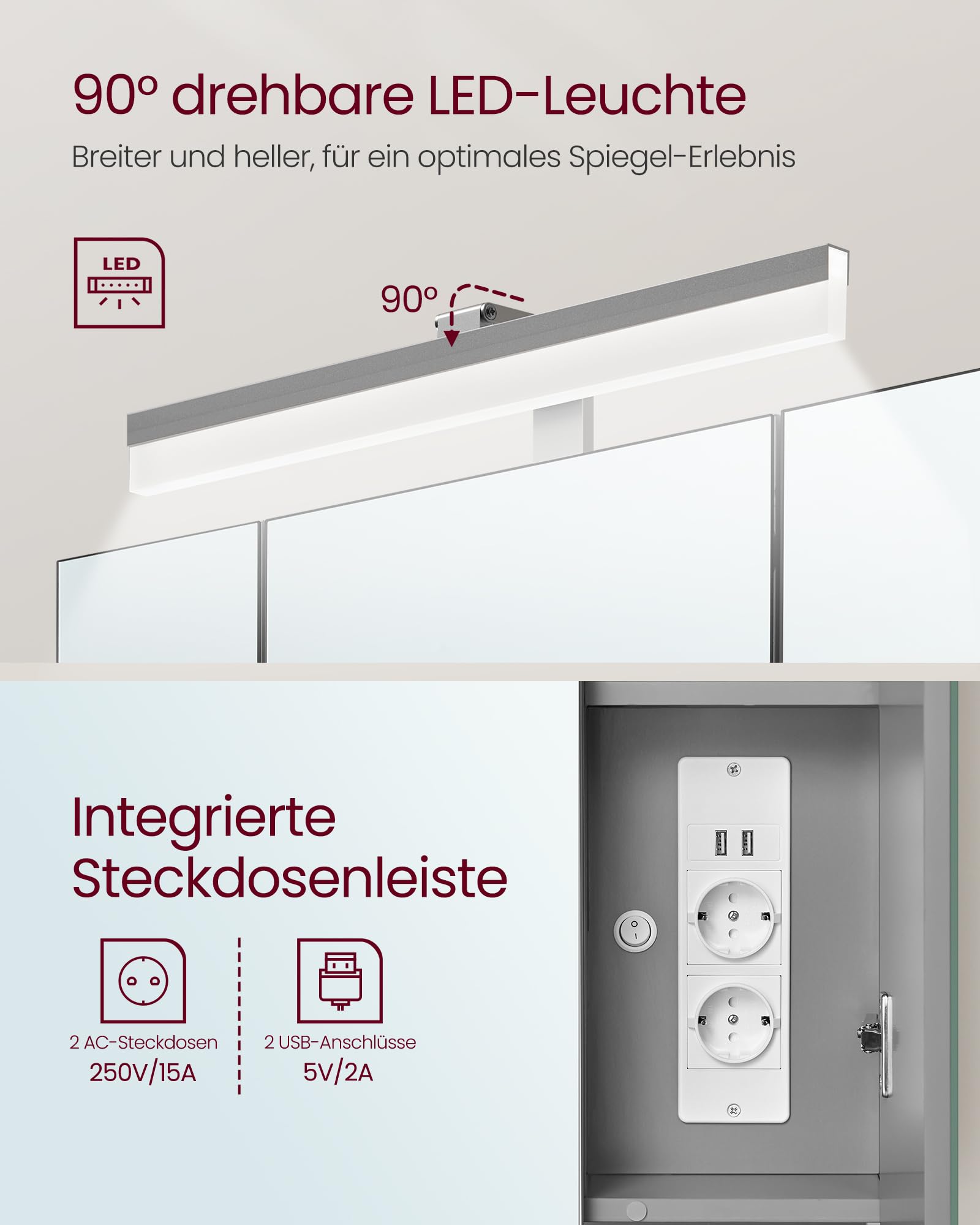 VASAGLE Spiegelschrank Bad mit Beleuchtung, Stecker, Hängekorb, Haartrockner-Halter, Badezimmerschrank, Badschrank, Wandschrank, 70 x 16,5 x 75 cm, 3 Spiegeltüren, wolkenweiß-Taubengrau BBK126G01