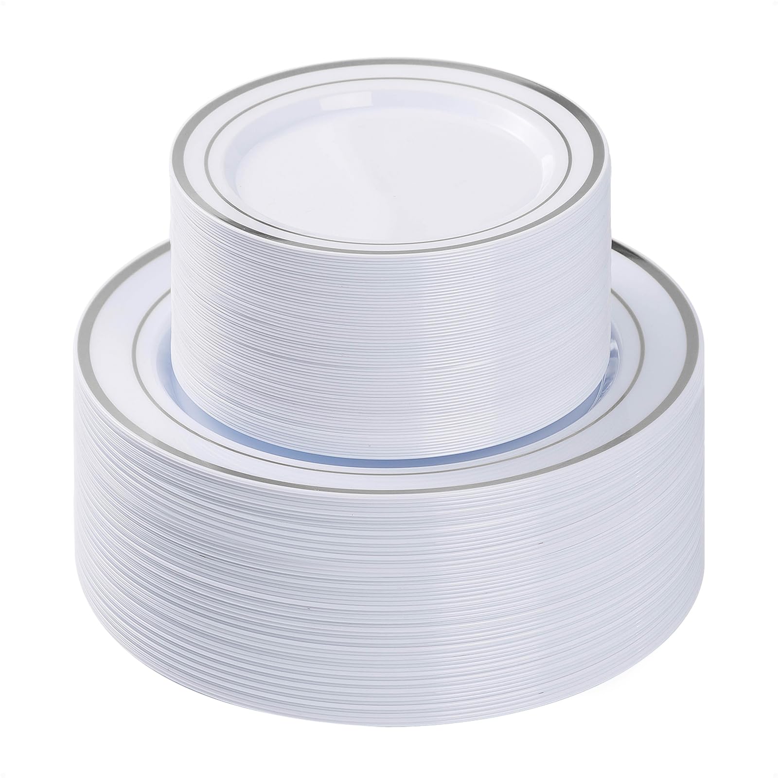 BESTVIP 100PCS Silver Plastic Plates, Disposable Party Plates with 50 Dinner Plate and 50 Dessert Plate for Party, Wedding and Birthday