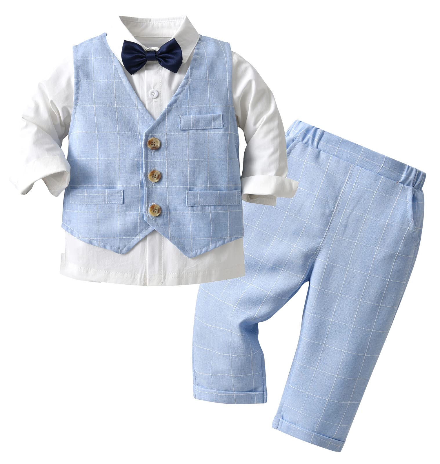 AIEOE 3 Pezzi Completo Neonato Camicia + Papillon + Gilet + Pantaloni Maniche Lunghe con Bottone Adatto da 6 Mesi - 4 Anni