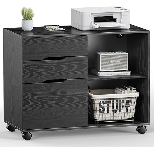 DUMOS Lateral File Cabinet with 3 Drawers Rolling Filing Cabinets Under Desk Storage Printer Stand Wood Organizer with Wheels Adjustable Shelf for Office Home Small Space, Black