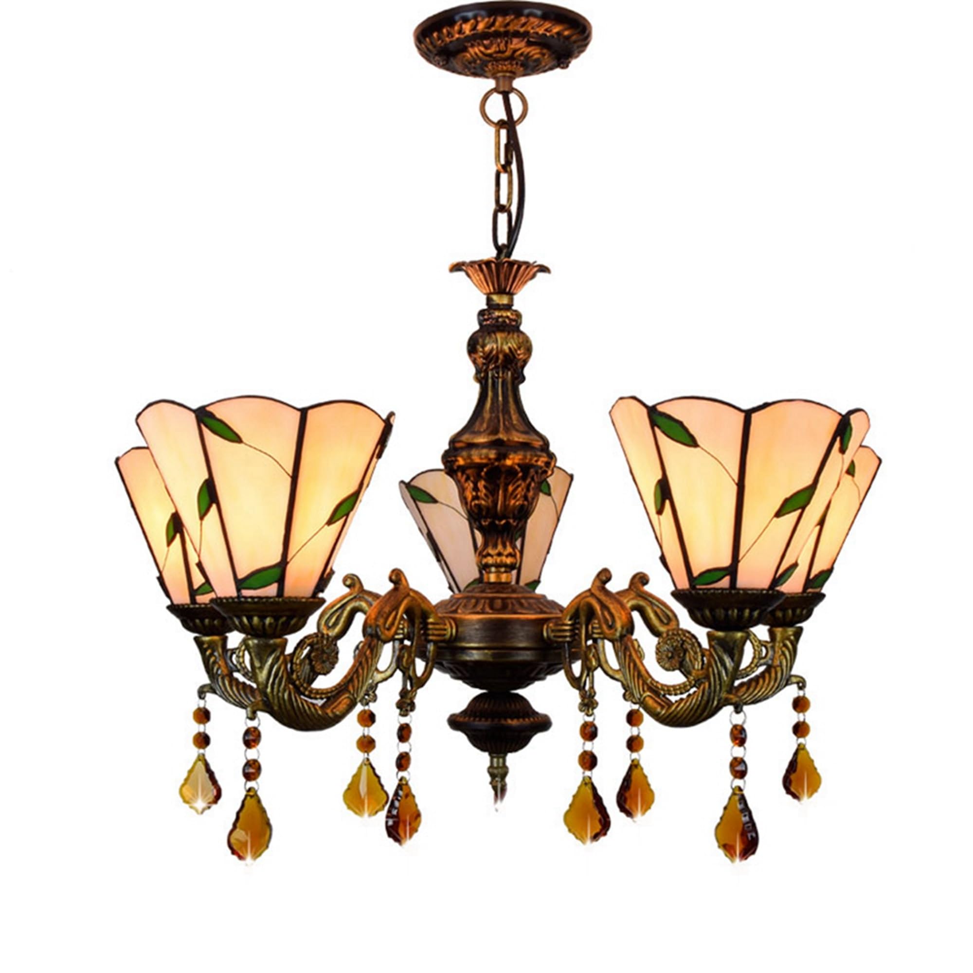 Żyrandol Witrażowy Tiffany, 5 Głowic 6 Cali Ciepłe Liście Lampa Sufitowa Wystrój W Stylu Vintage Kryształowa Lampa Wisząca Do Pokoju Sypialnia Restauracja Przedpokój