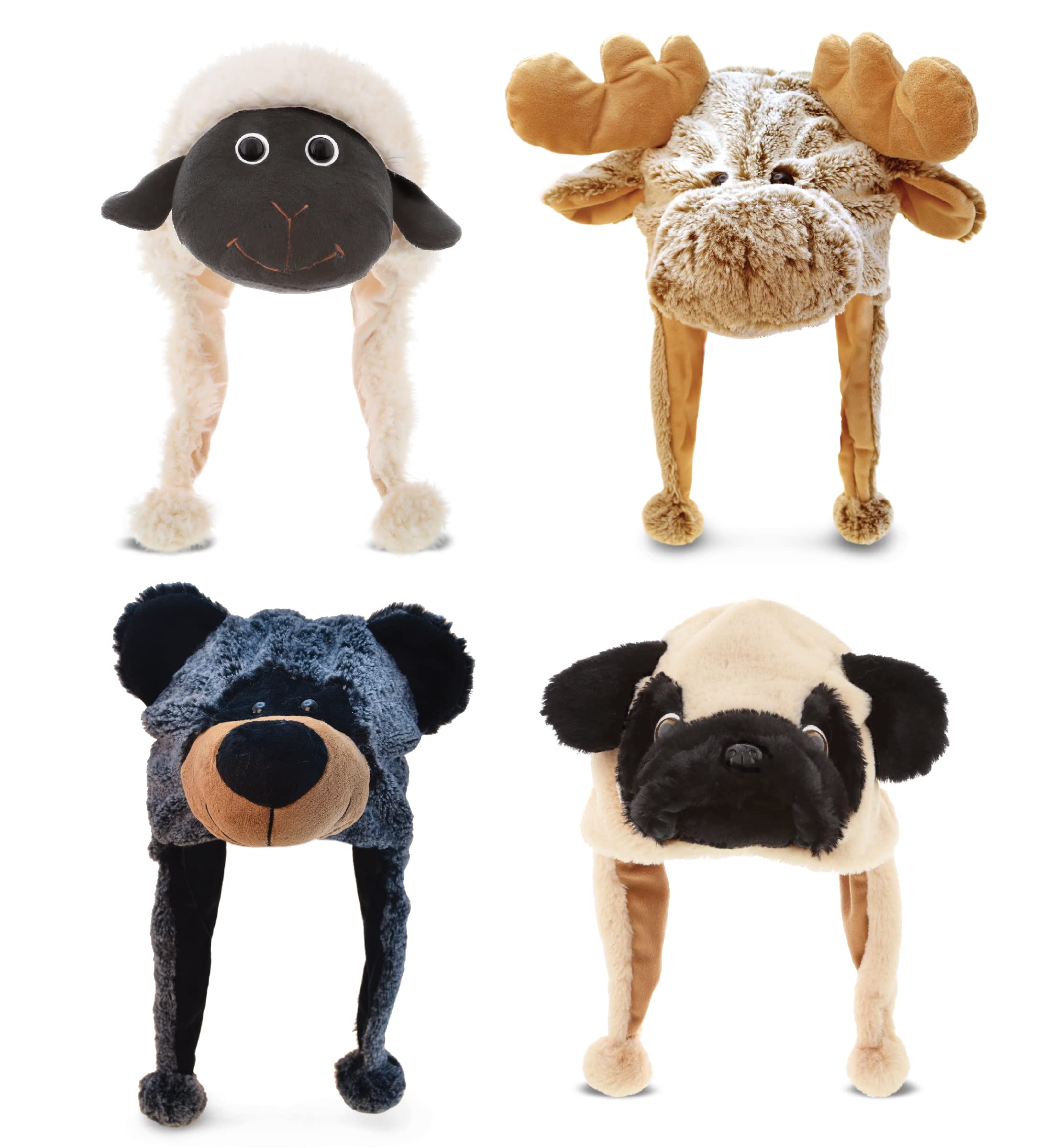 DolliBu Farm Animal Plush Hat Set of 4 – Super Soft Moose, Black Bear, Sheep, and Pug Dog Warm Hat with Ear Flaps, Cute Wild Stuffed Animals Toy Hats – Cozy Fleece Winter Hats for All Ages - 1 Size
