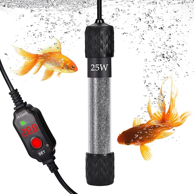 U-picks Small Submersible Aquarium Heater, Mini Fish Tank Heater 25W 50W 100W with Built-in Thermometer, External Temperature Controller, LED Display, Used for 5/10/20 Gallons,25W