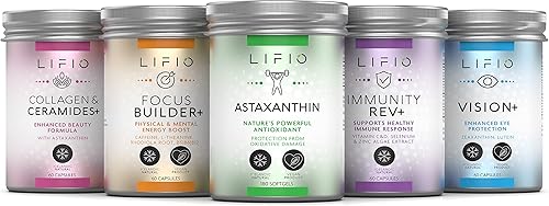 Lifio Astaxantina - 180 cápsulas blandas, colágeno y ceramidas+ - 60 cápsulas, Focus Builder+ - 60 cápsulas, Immunity Rev+ - 60 cápsulas, Vision+ -