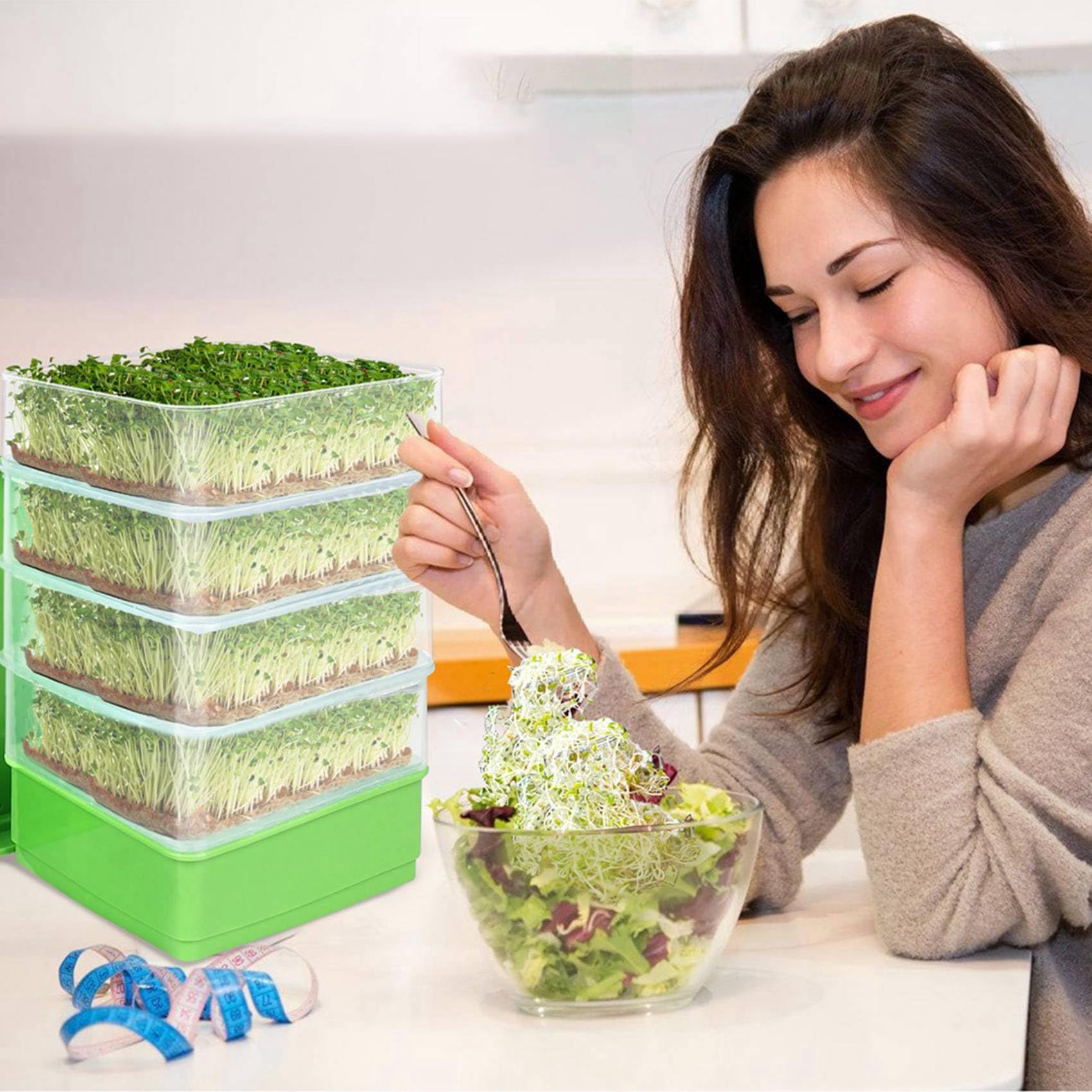 Lot de 2 plateaux de germination de graines de haricots pour plantes microvertes, bac d'égouttement, kit de culture empilable avec quatre niveaux