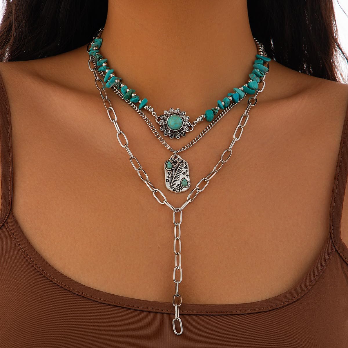 16 Pcs Western Jewelry for Women Bohemian Set, Boho Pendant Long Choker, Faux Leather Layered Bracelet, Hoop Earrings Rings set - Image 2