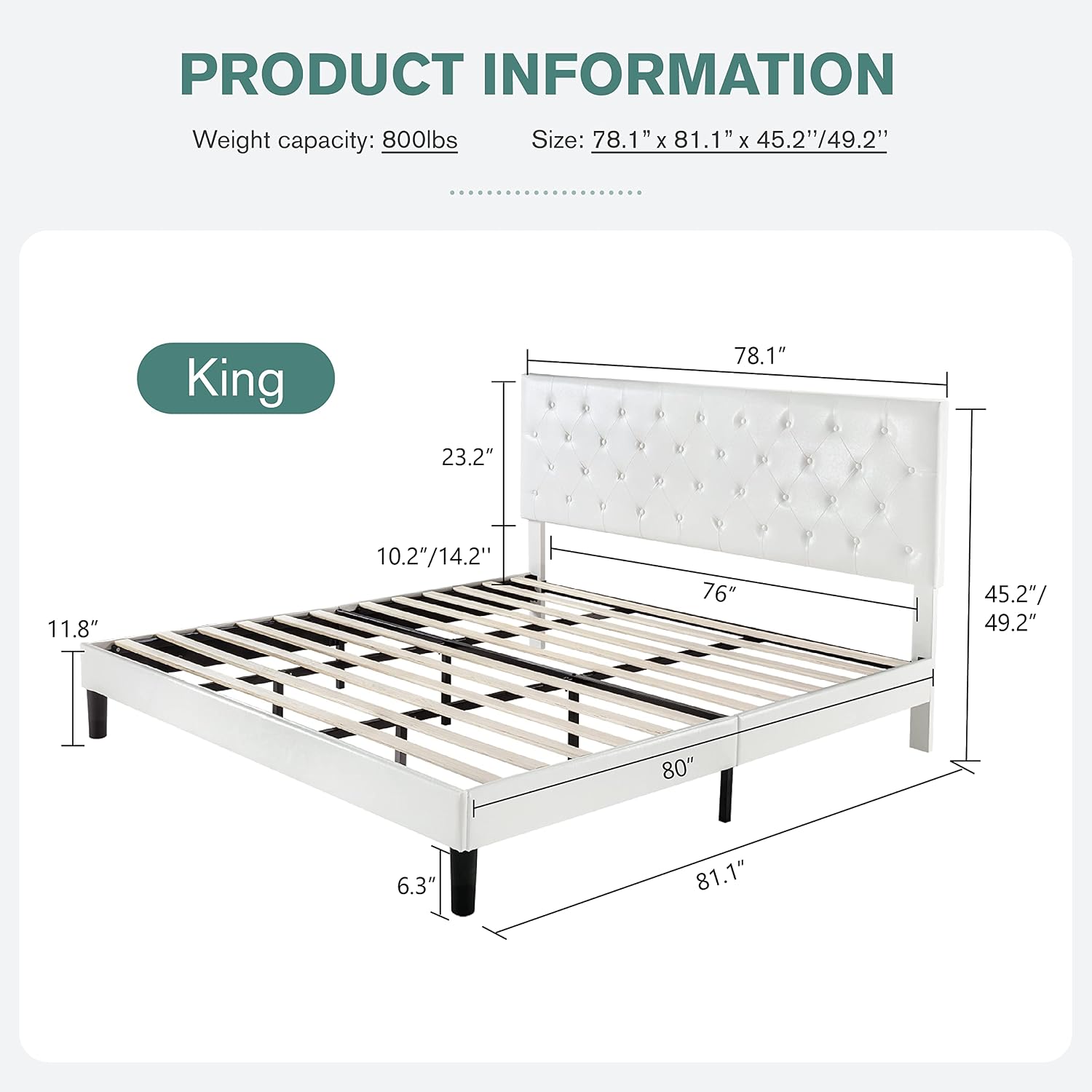 IMUsee King Size Faux Leather Upholstered Platform Bed Frame with Adjustable Button Tufted Headboard, Wooden Slats, and Cross Metal Rails Support, No Box Spring Needed, Easy Assembly, White